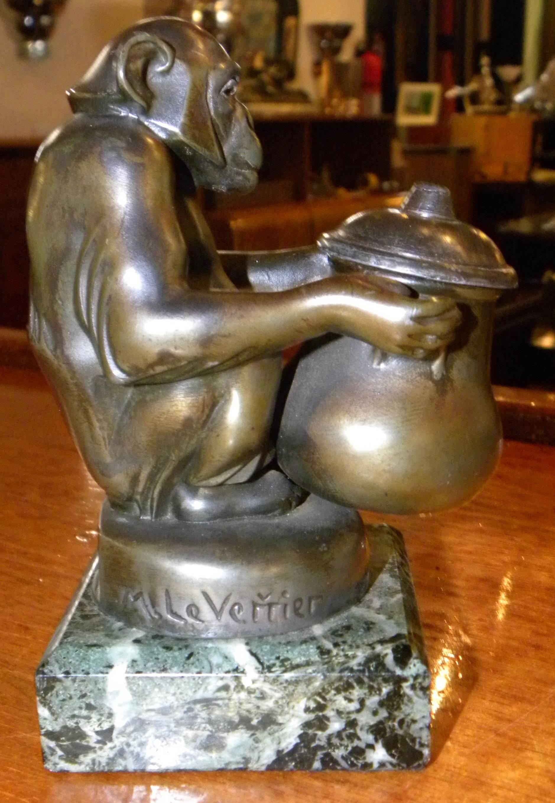 This Deco figurine of a monkey holding an inkwell is amusing and whimsical, but it also happens to be a creation of one of the most iconic and important sculptors of the 1920s and 1930s, Max Le Verrier.

“Bou Bou” the monkey appears in a few