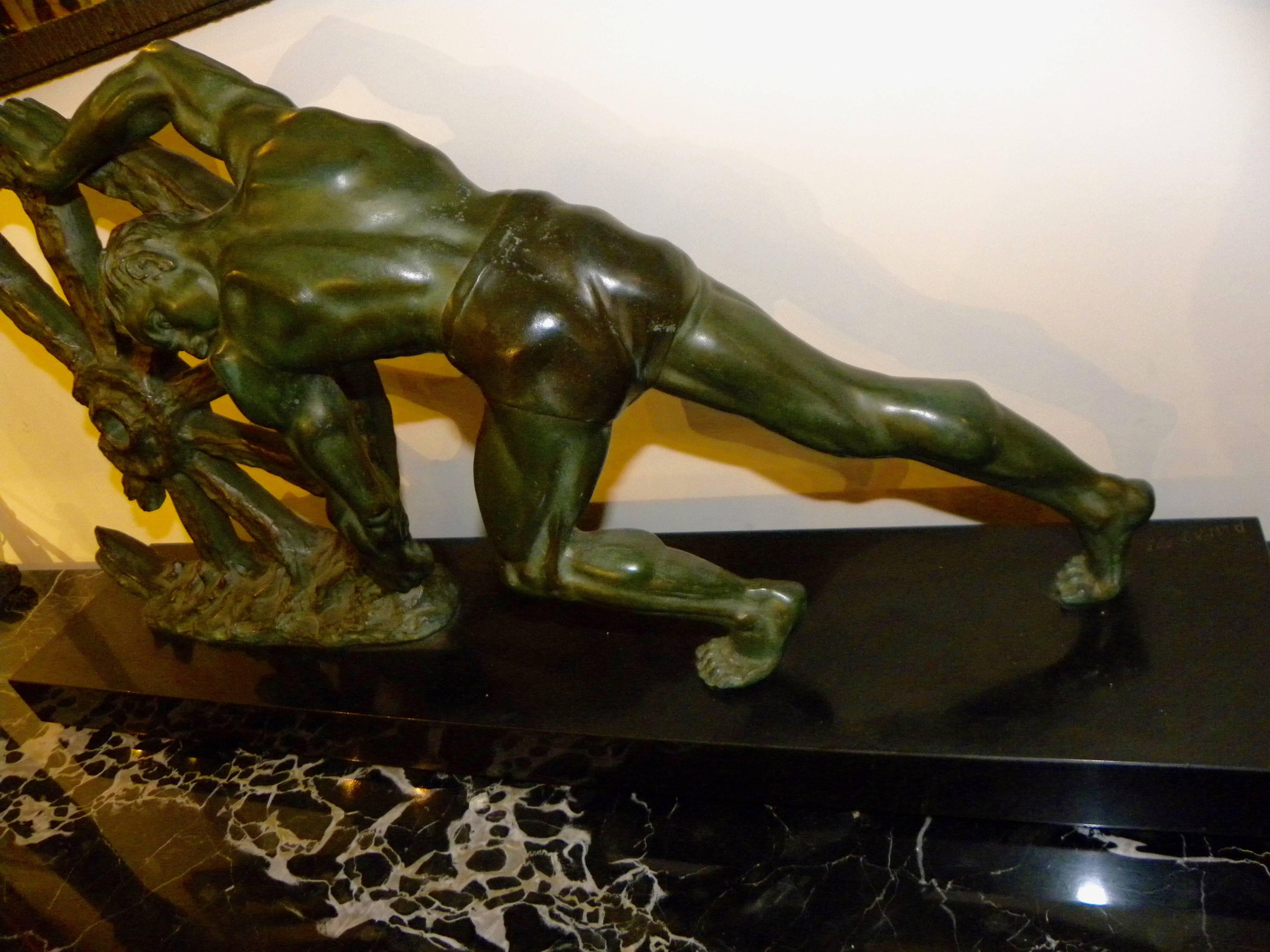 Belgian Black Marble Art Deco Sculpture Man with Broken Wheel by Le Faguays