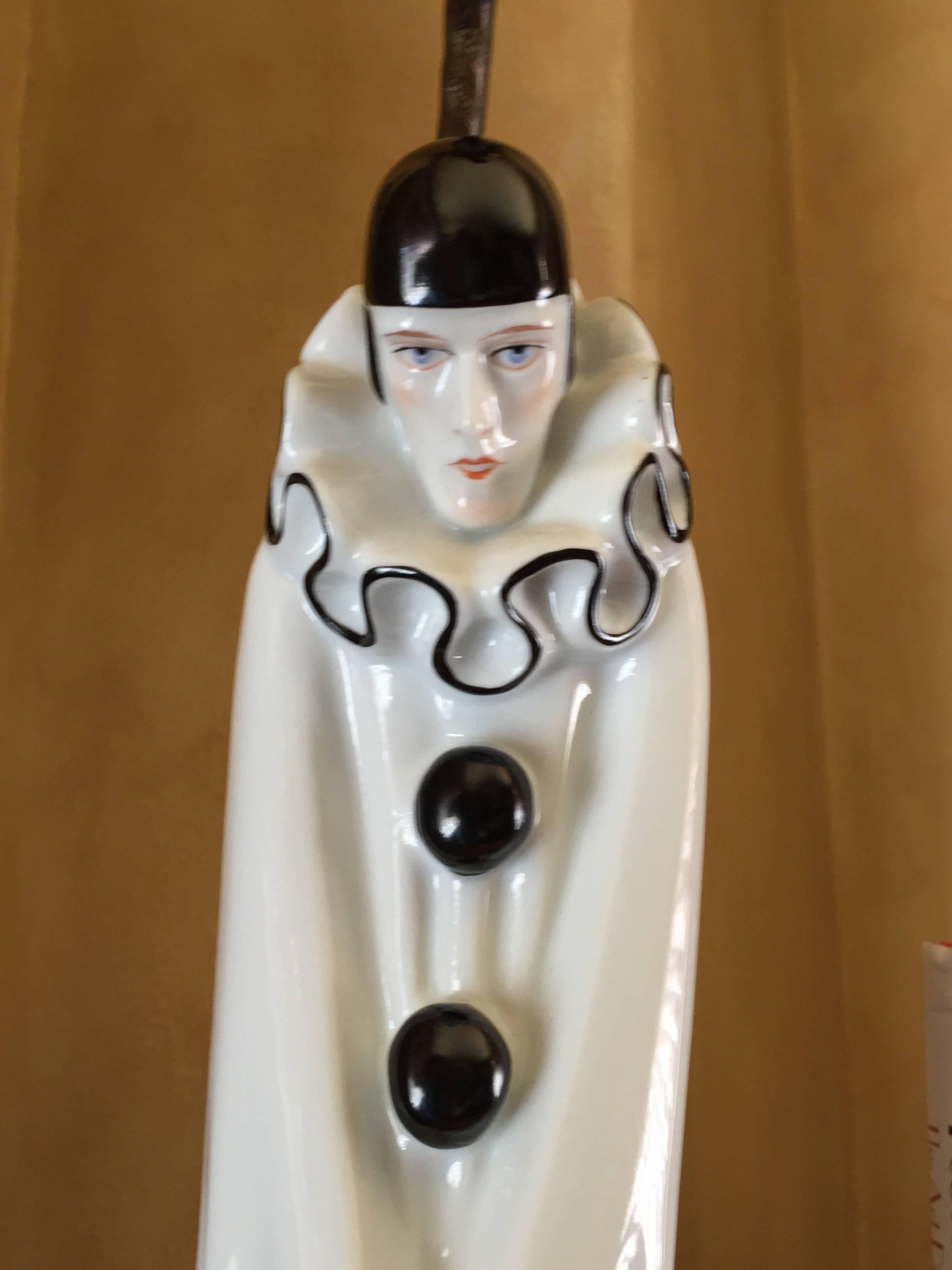 Metal Rare Art Deco Roland Paris Porcelain Pierrot Sculpture Lamp