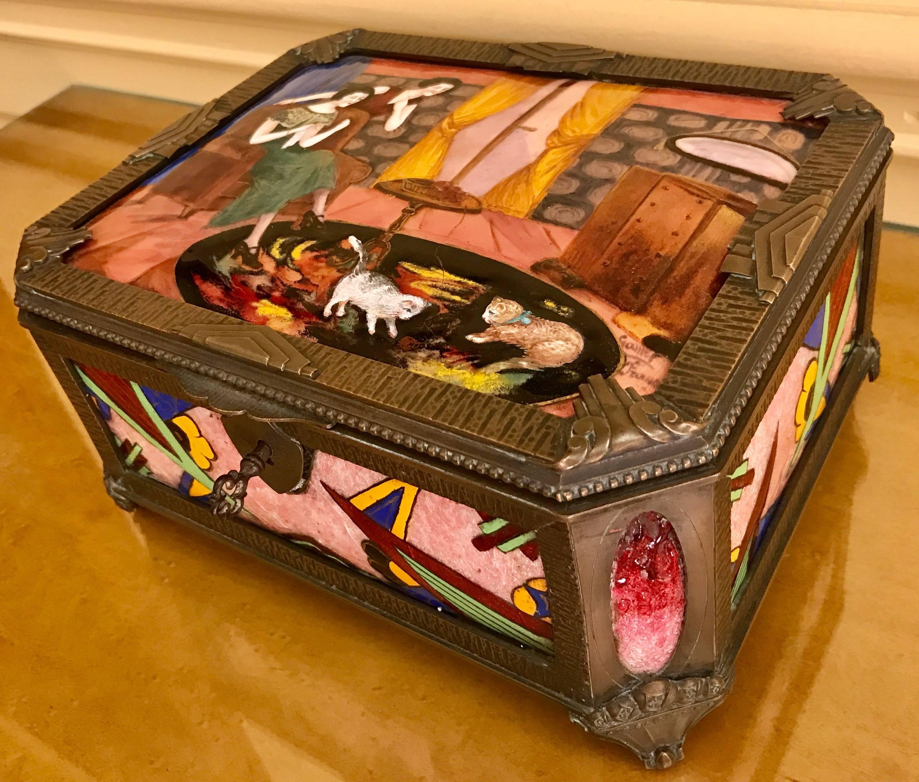 Early 20th Century Art Deco Gamet French Unique Enamel and Porcelain Limogue Box