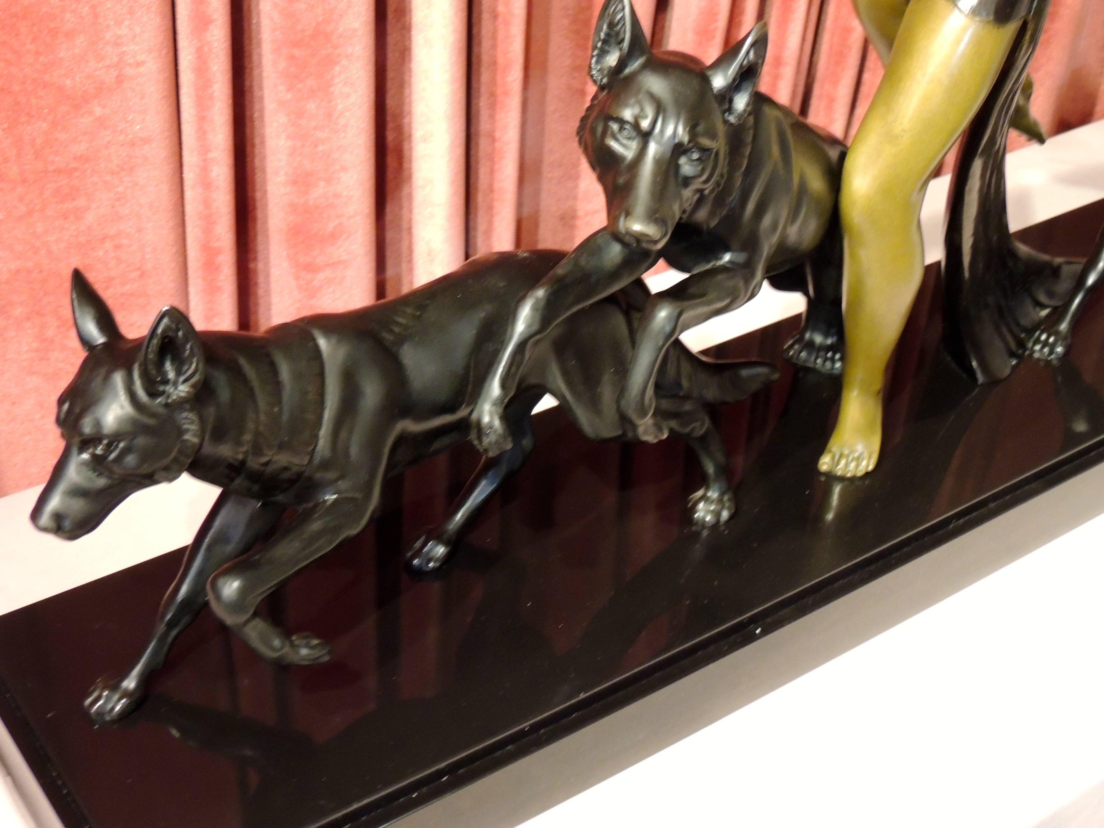 Art Deco Sculpture of a Woman with Three Dogs by A. Delatour In Excellent Condition In Oakland, CA