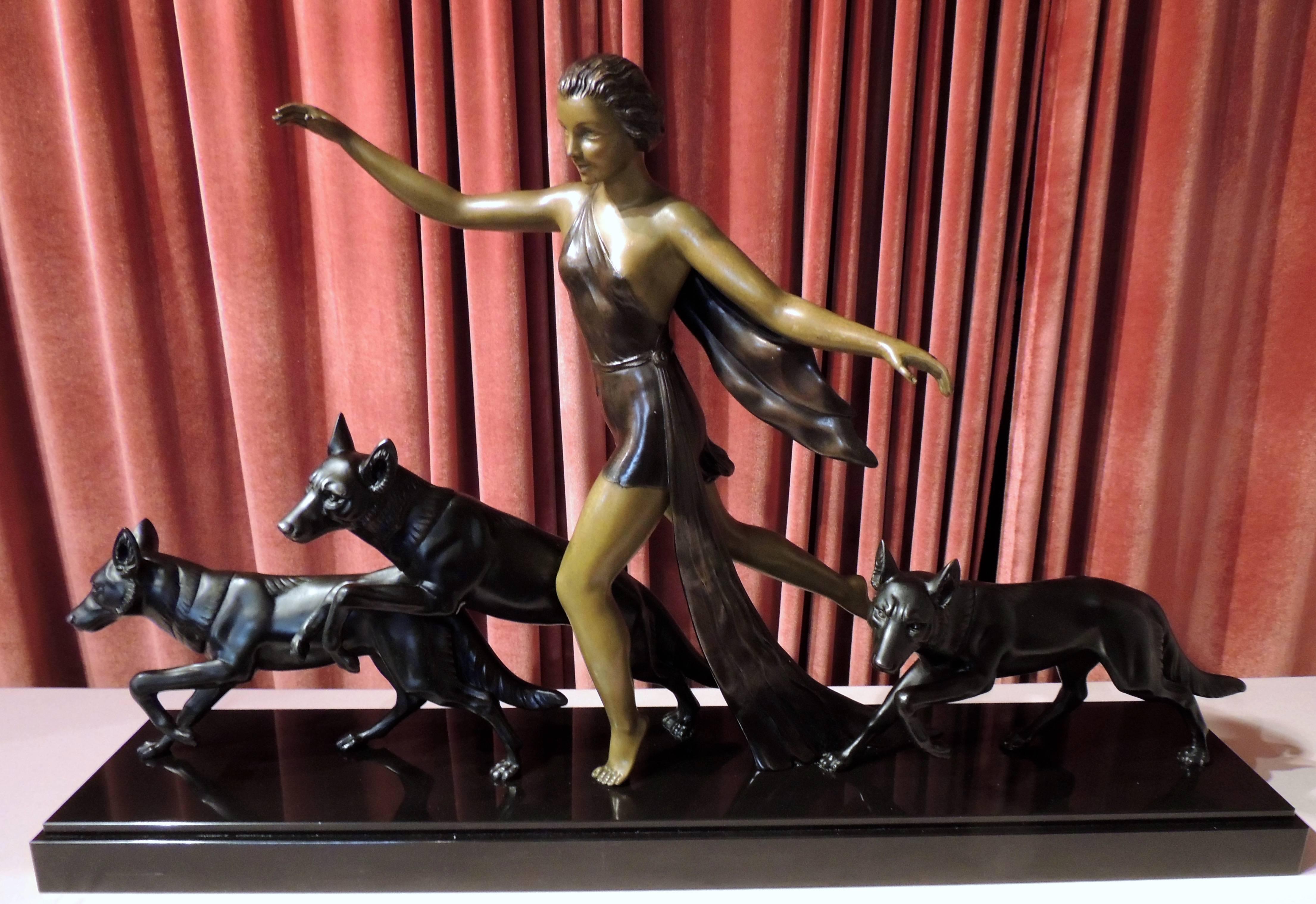 Art Deco Sculpture of a Woman with Three Dogs by A. Delatour 2