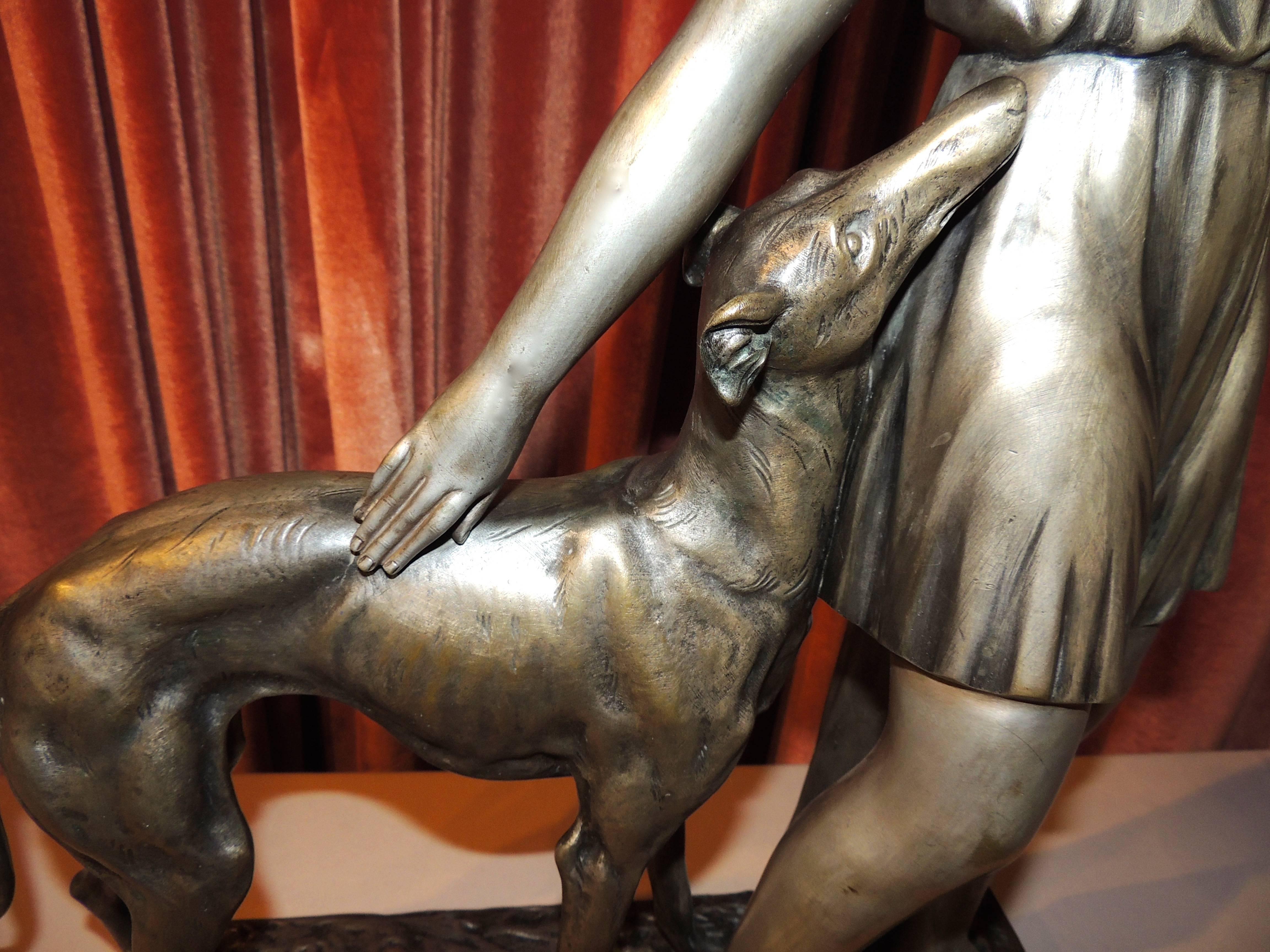 Grand Art Deco Bronze Sculpture of a Woman and Greyhound by I. Gallo In Excellent Condition In Oakland, CA