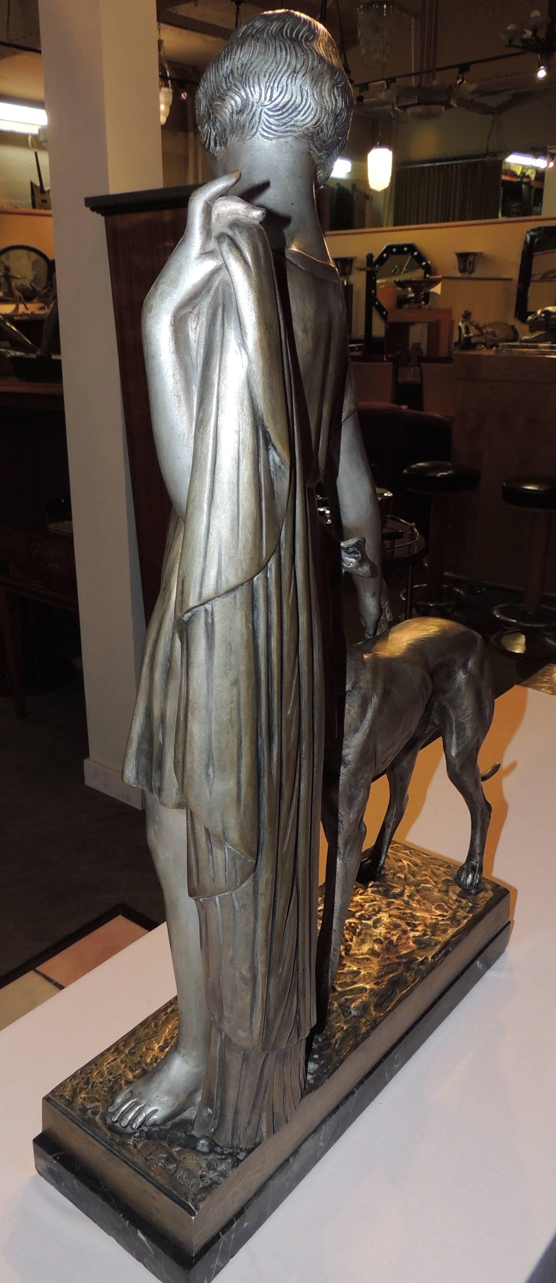 Mid-20th Century Grand Art Deco Bronze Sculpture of a Woman and Greyhound by I. Gallo