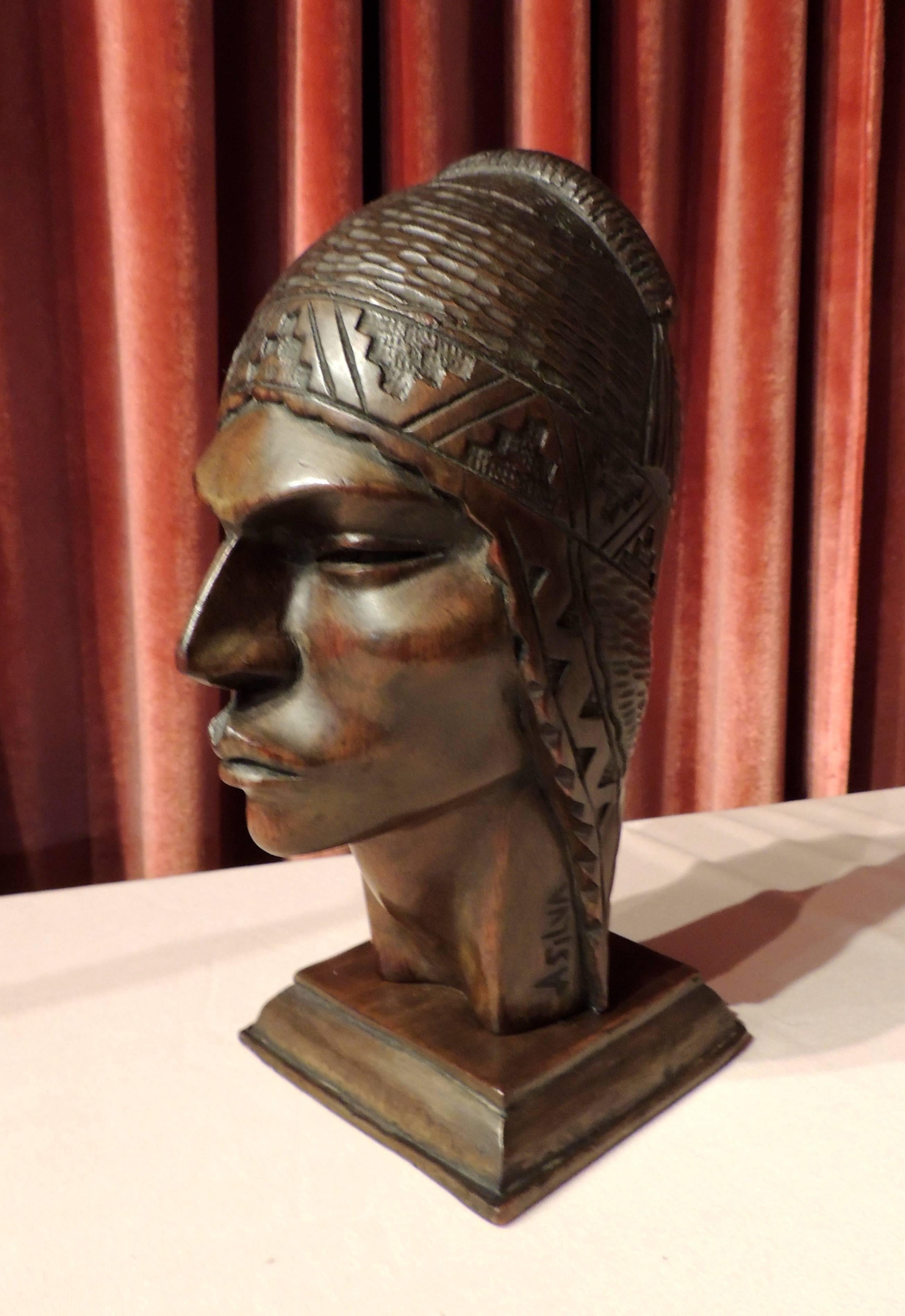 Mid-20th Century Xotic Indian Art Deco Sculpted Head in Wood by Silva