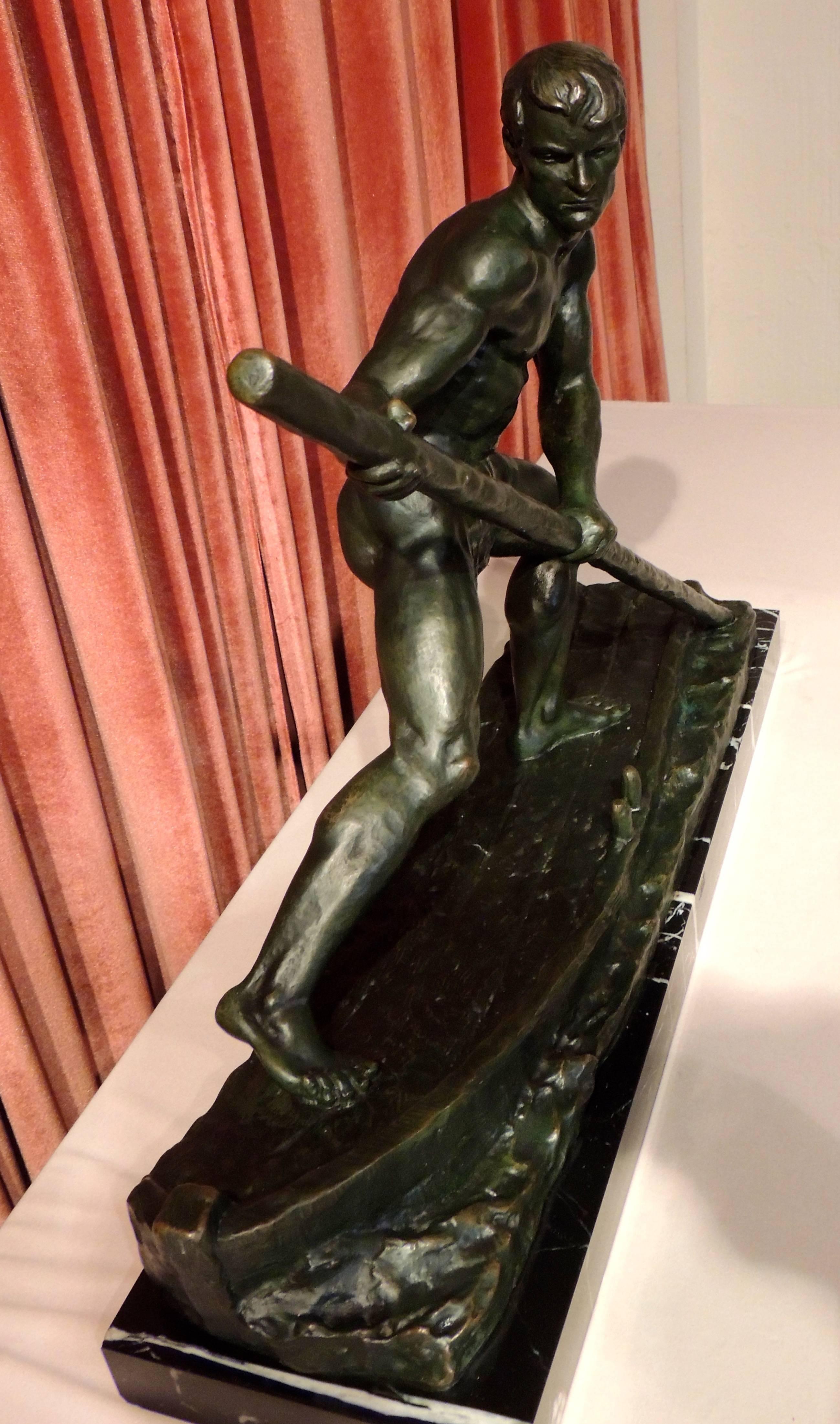 French Art Deco Bronze Sculpture of a Man Rowing a Boat by Ouline