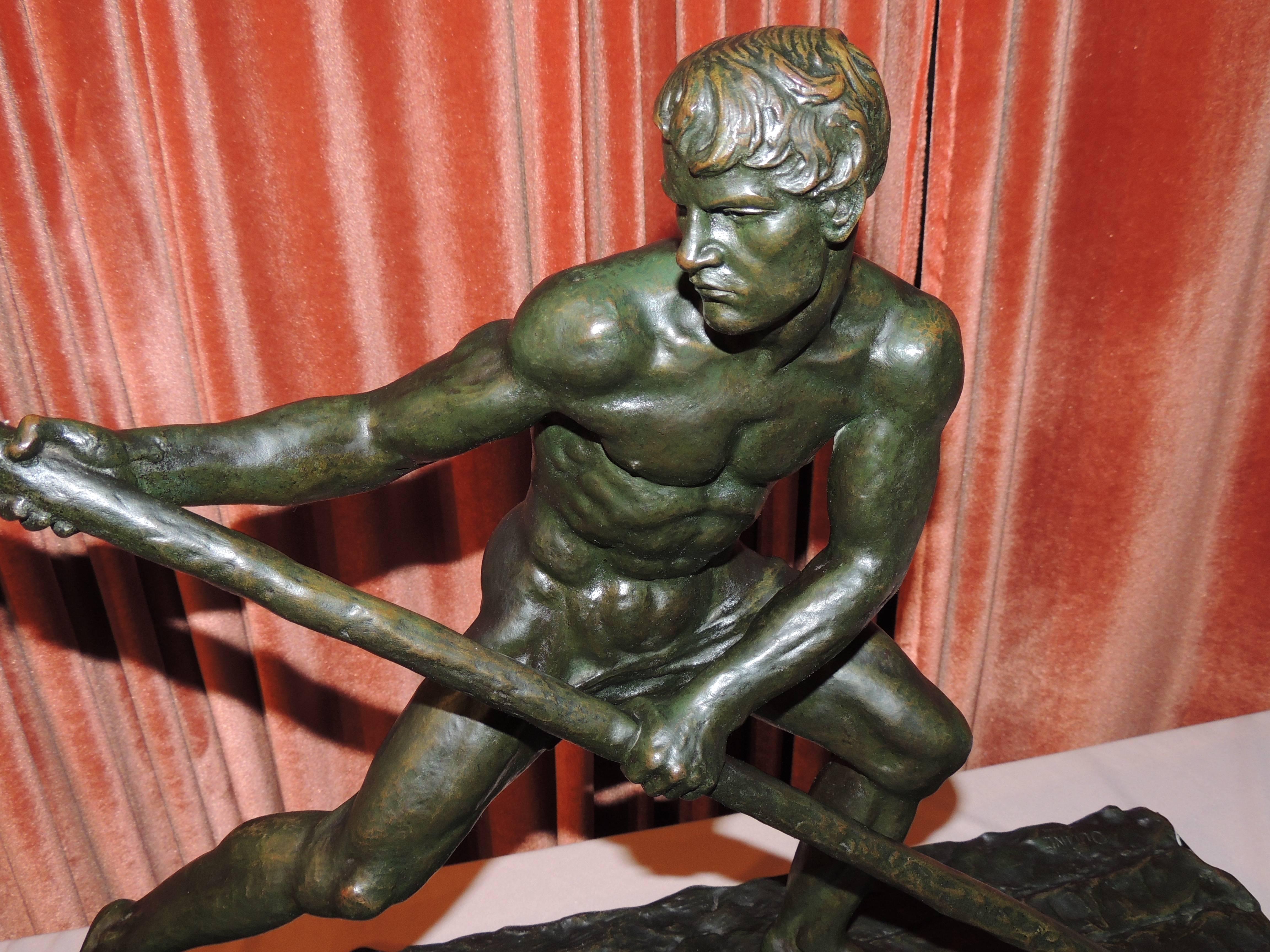 Art Deco Bronze Sculpture of a Man Rowing a Boat by Ouline In Excellent Condition In Oakland, CA