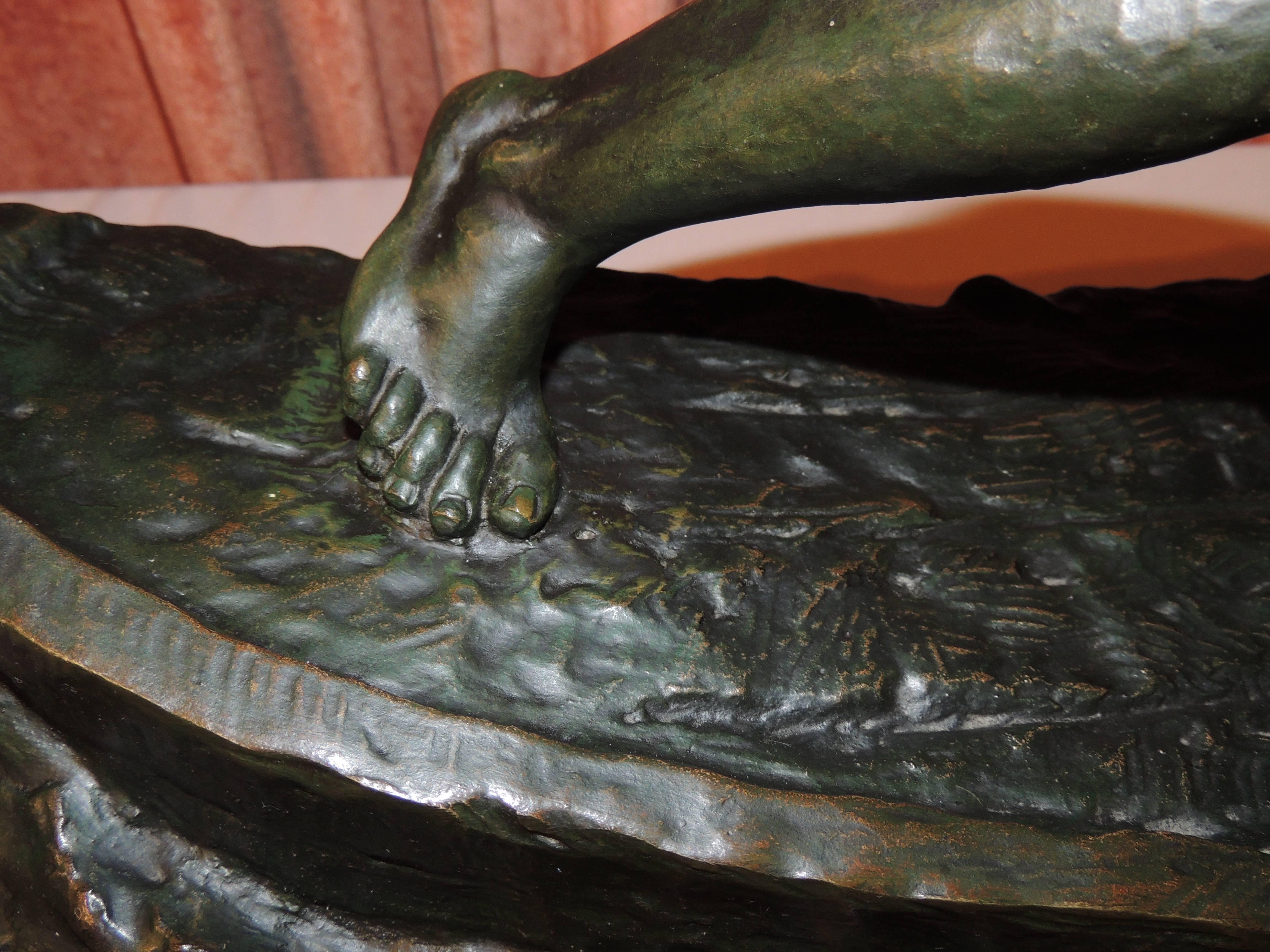 Mid-20th Century Art Deco Bronze Sculpture of a Man Rowing a Boat by Ouline