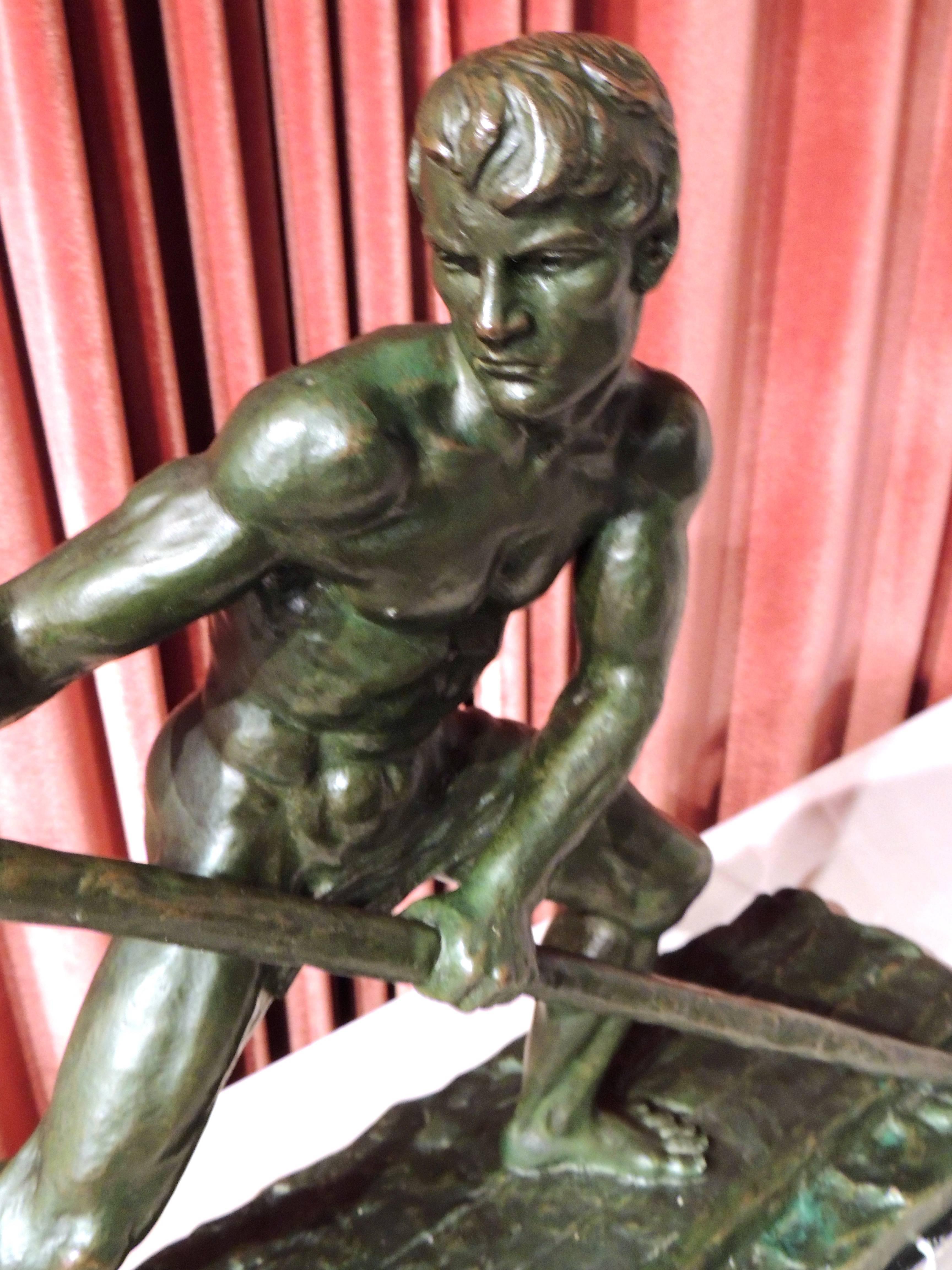 Art Deco Bronze Sculpture of a Man Rowing a Boat by Ouline 1