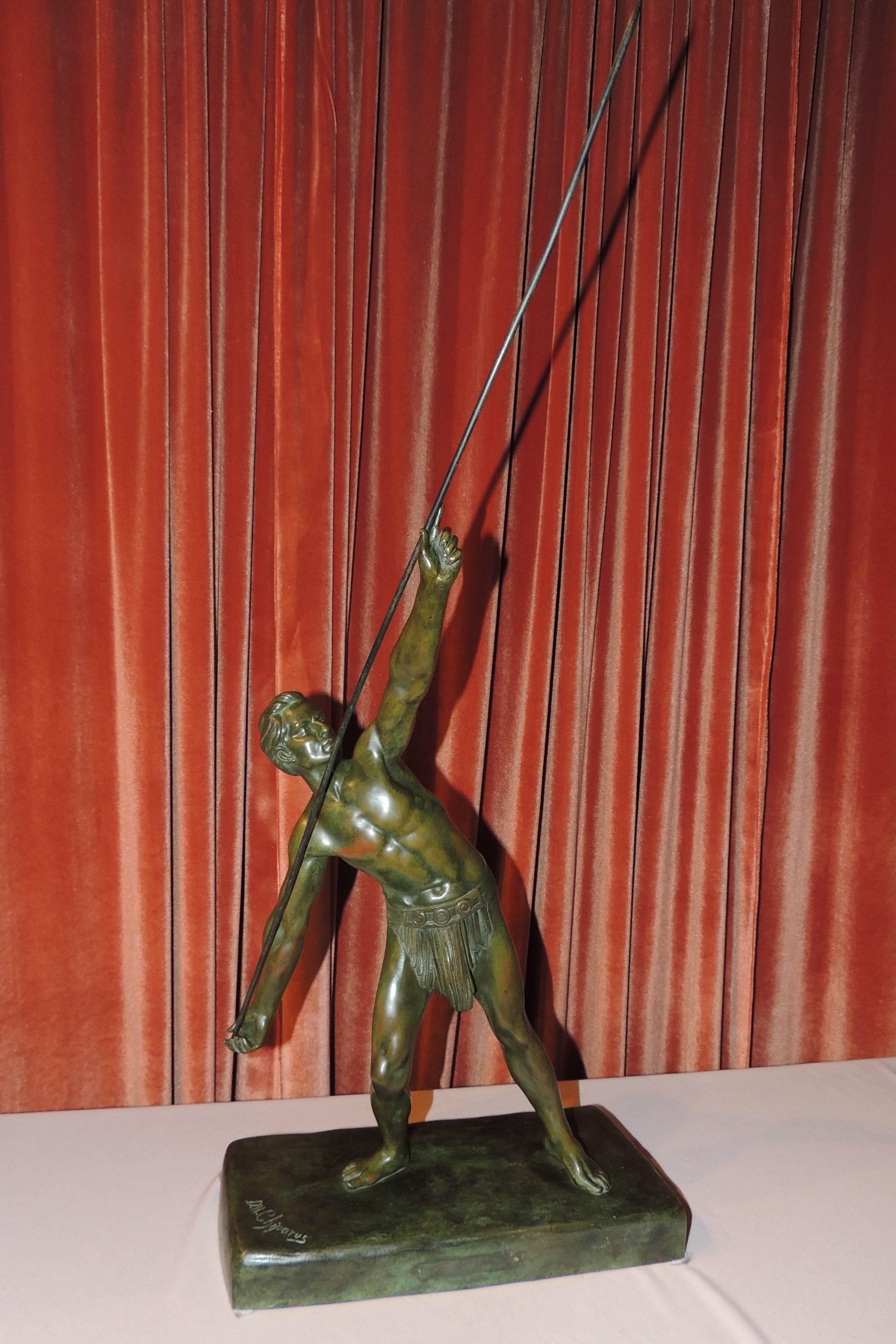 A Classic bronze sculpture by the master of Art Deco statues, Demetre Chiparus. The “Javelin Thrower” has all of the exceptional features that make Chiparus one of the most highly regarded (and collected) sculptors of his time. It features a dynamic