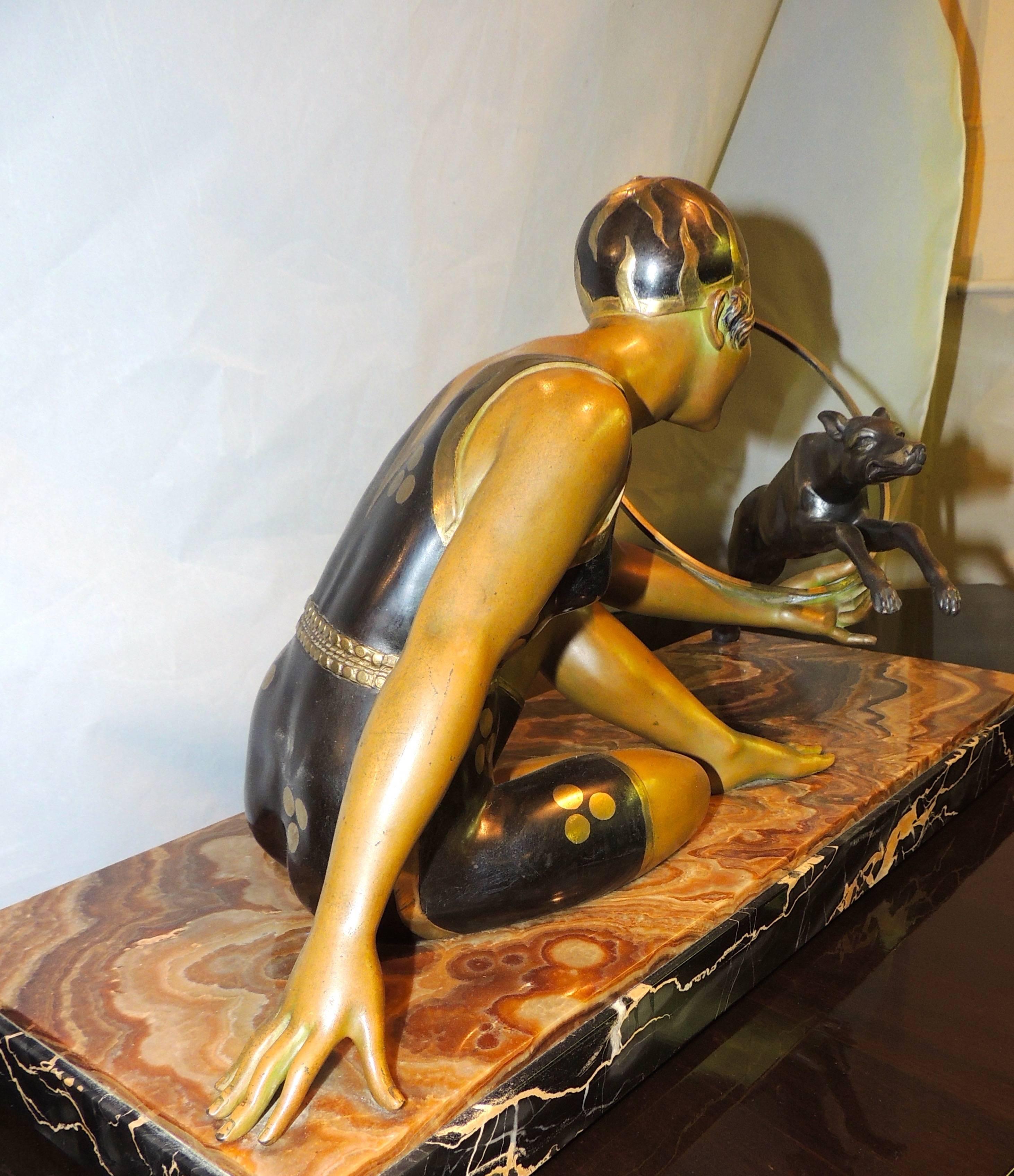 Enamel Art Deco Bathing Beauty with Hoop and Dog Signed Bousquet