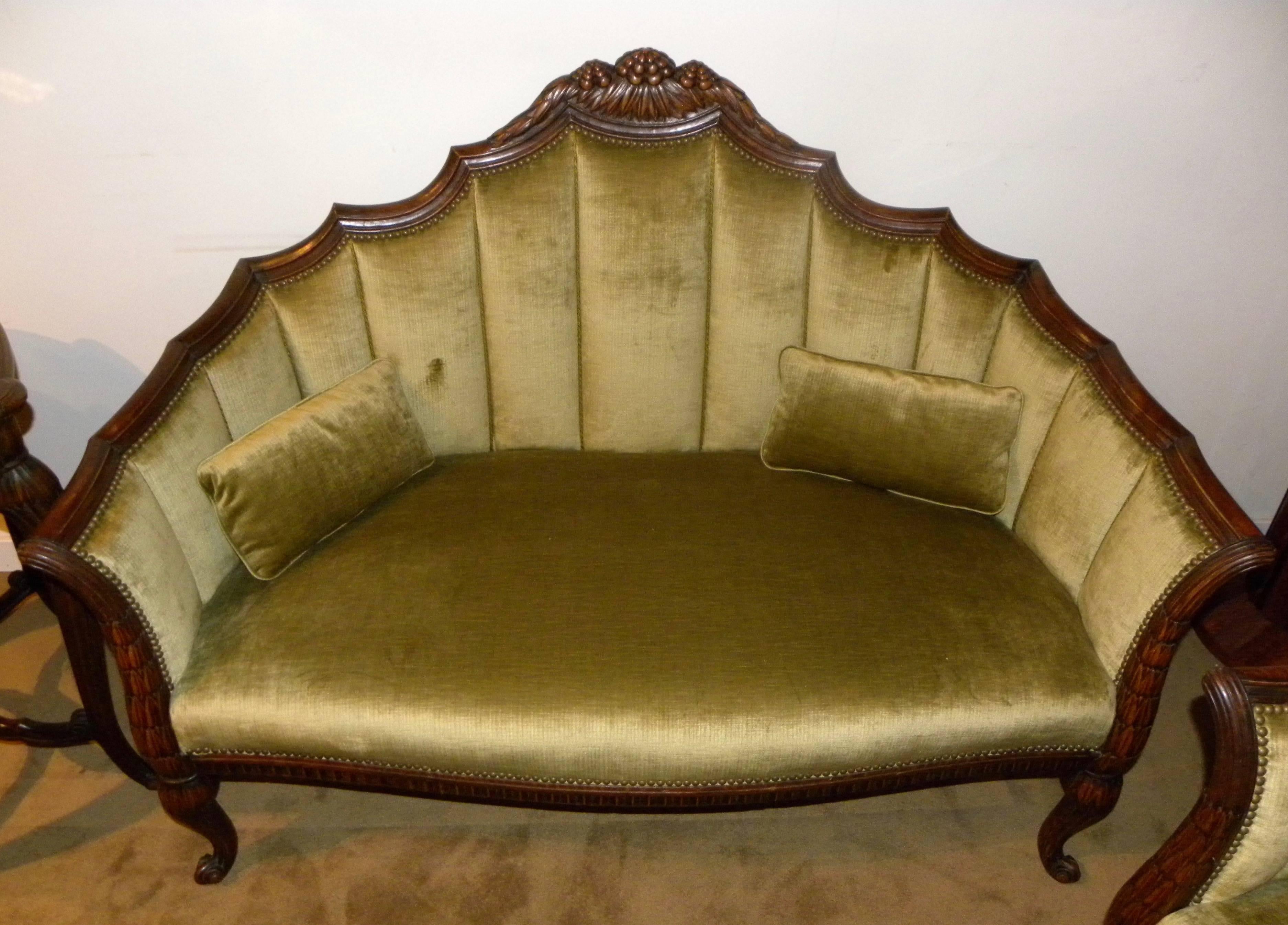 French Art Deco Settee, Chairs and Table in the Style of Paul Follot green In Good Condition For Sale In Oakland, CA