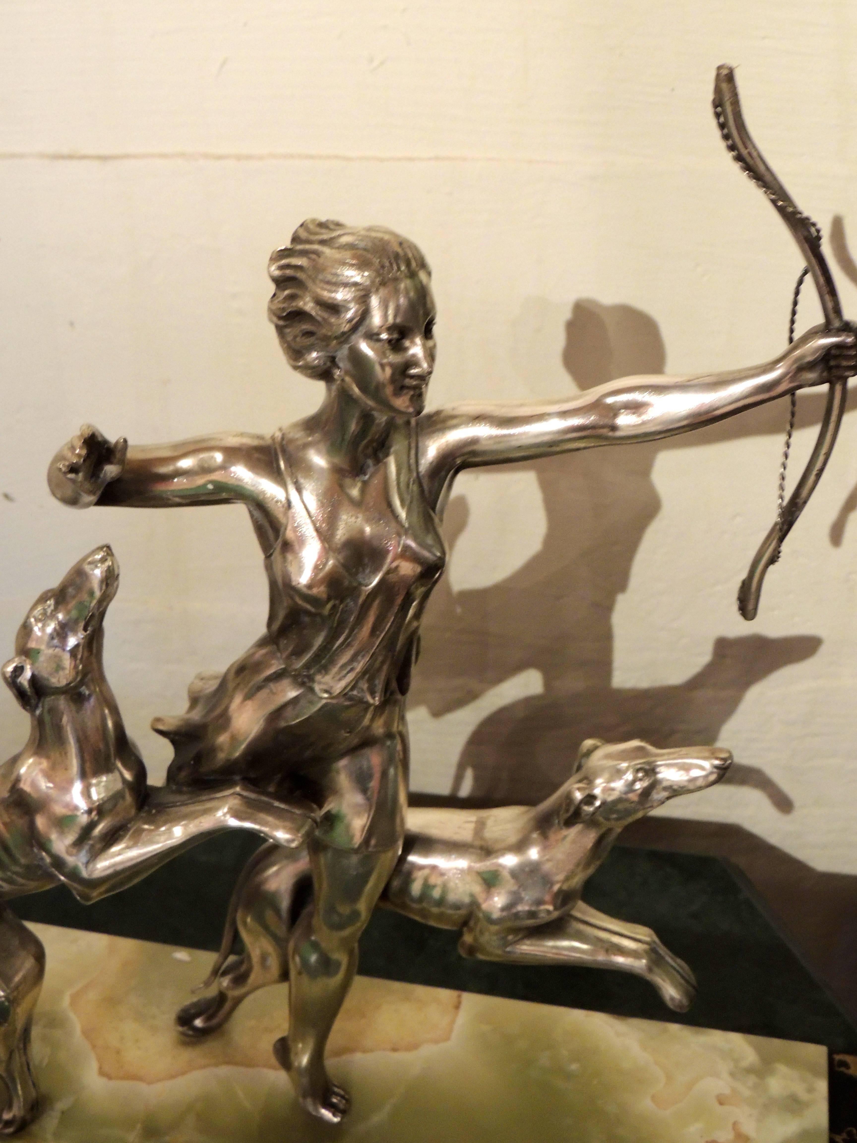 French Art Deco Statue of Diana and Two Dogs in Silver