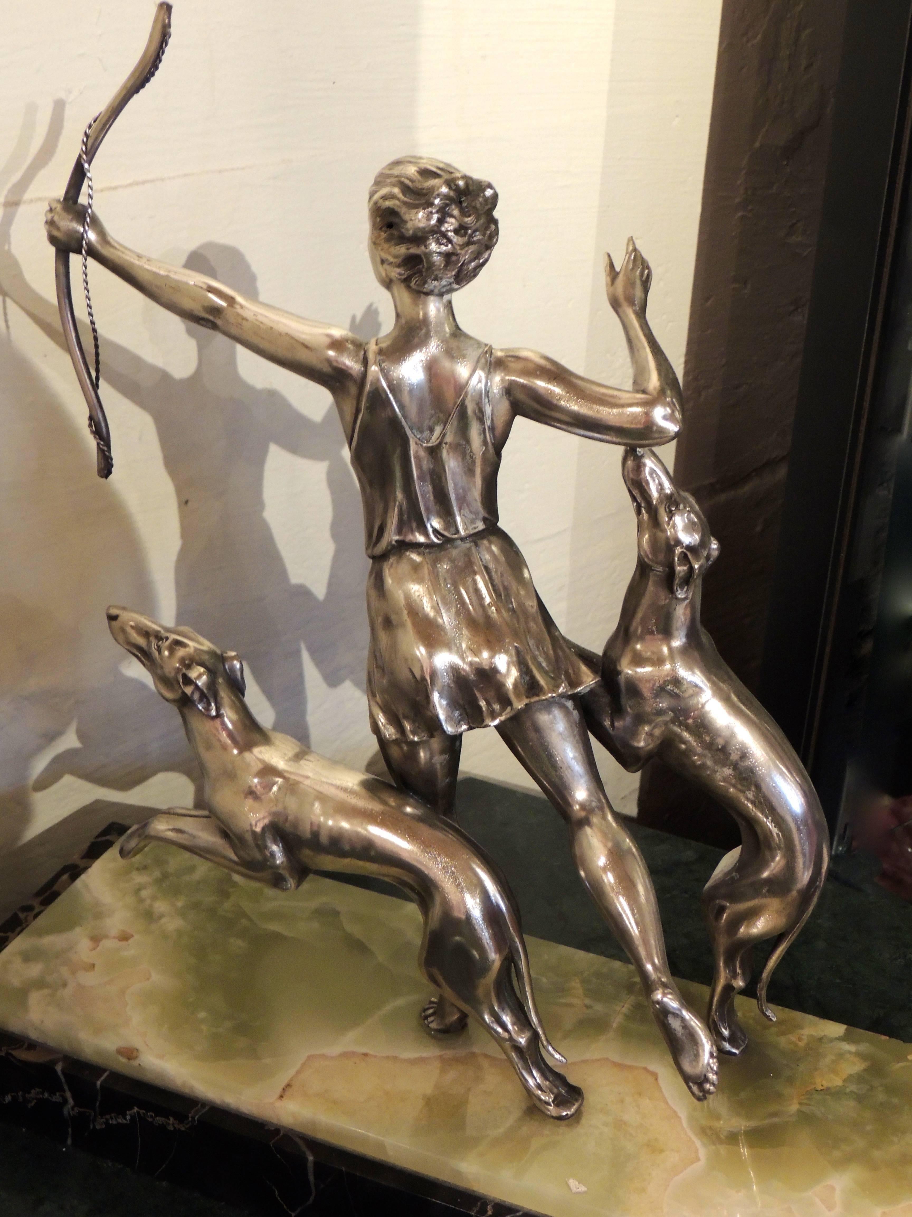 Art Deco Statue of Diana and Two Dogs in Silver In Excellent Condition In Oakland, CA