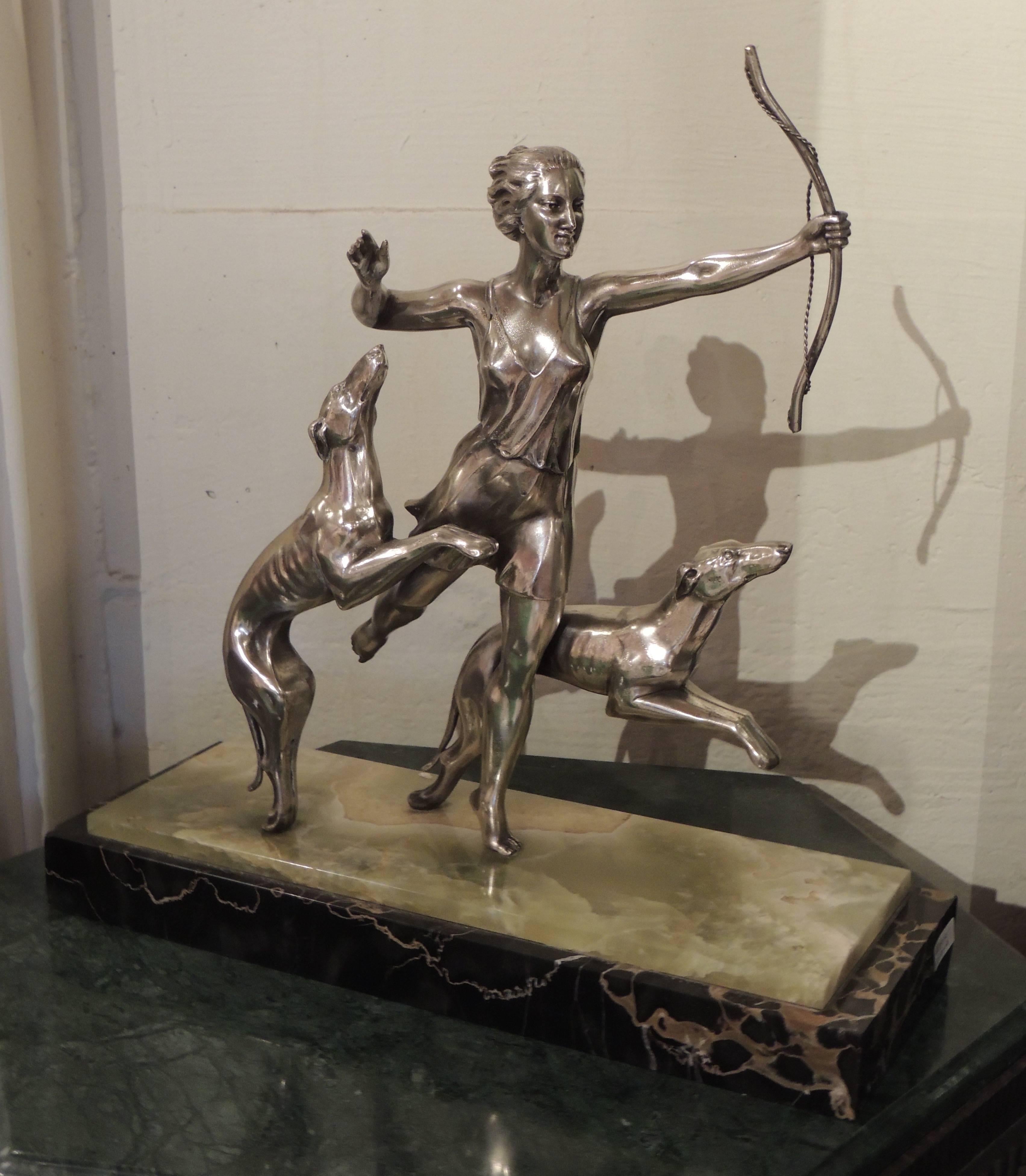 Mid-20th Century Art Deco Statue of Diana and Two Dogs in Silver