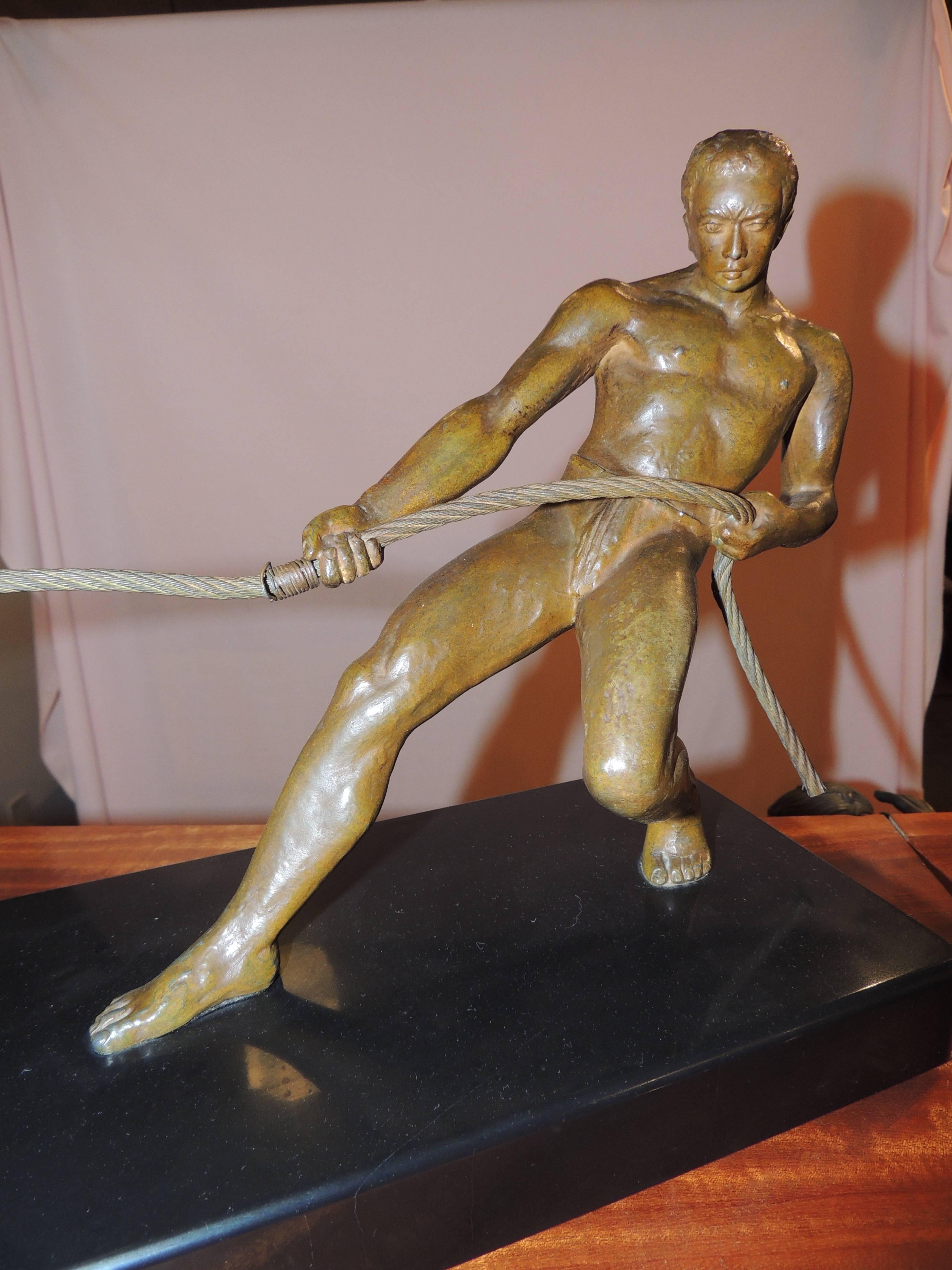 Art Deco Bronze Statue of Man Pulling Boat Sculpture In Good Condition For Sale In Oakland, CA