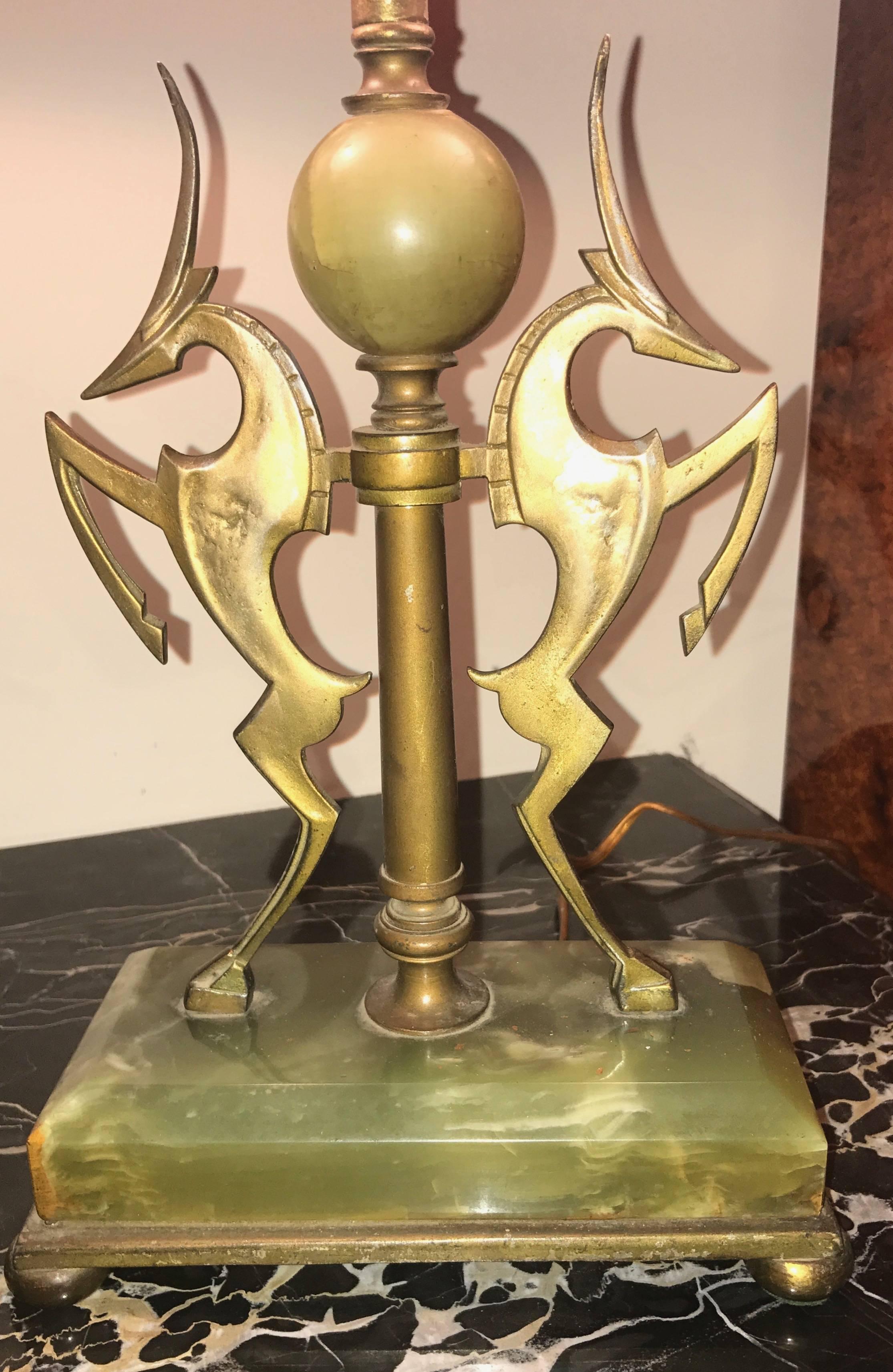 American Art Deco Wilhelm Hunt Diederich Bronze and Onyx Gazelle Table Lamp