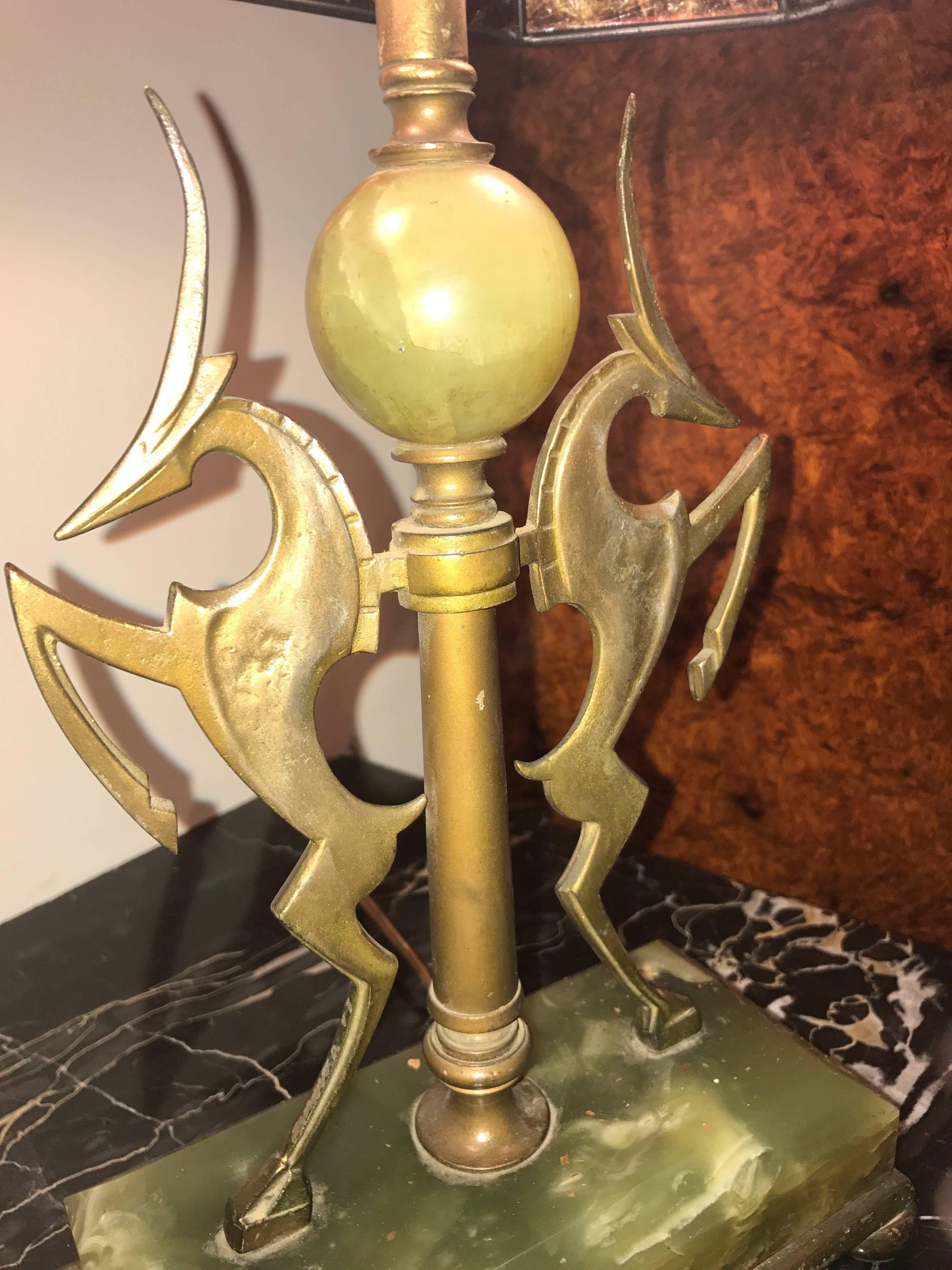 Art Deco Wilhelm Hunt Diederich Bronze and Onyx Gazelle Table Lamp In Excellent Condition In Oakland, CA