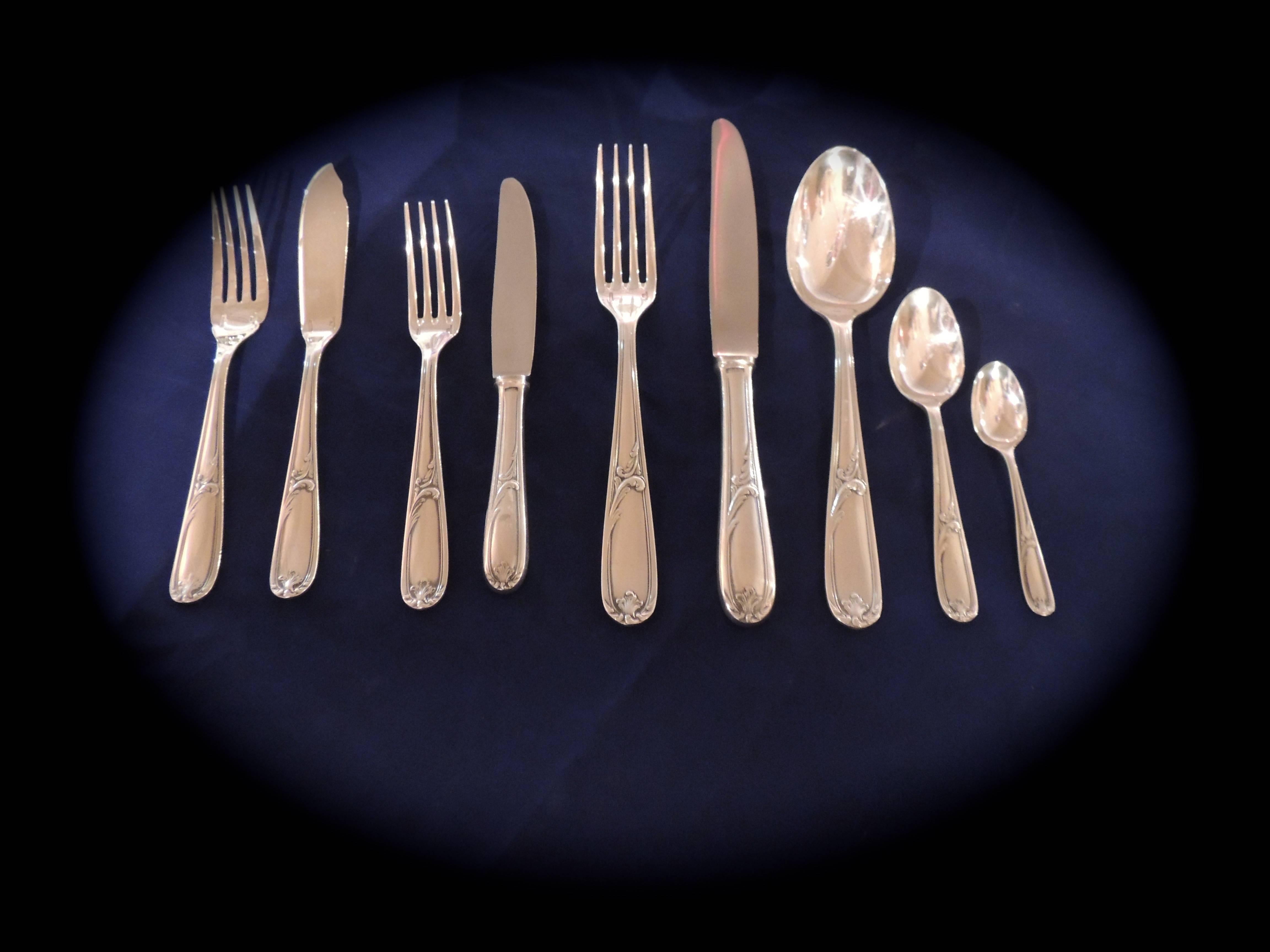 Complete Christofle Silverware Set in Wooden Storage Table In Excellent Condition In Oakland, CA