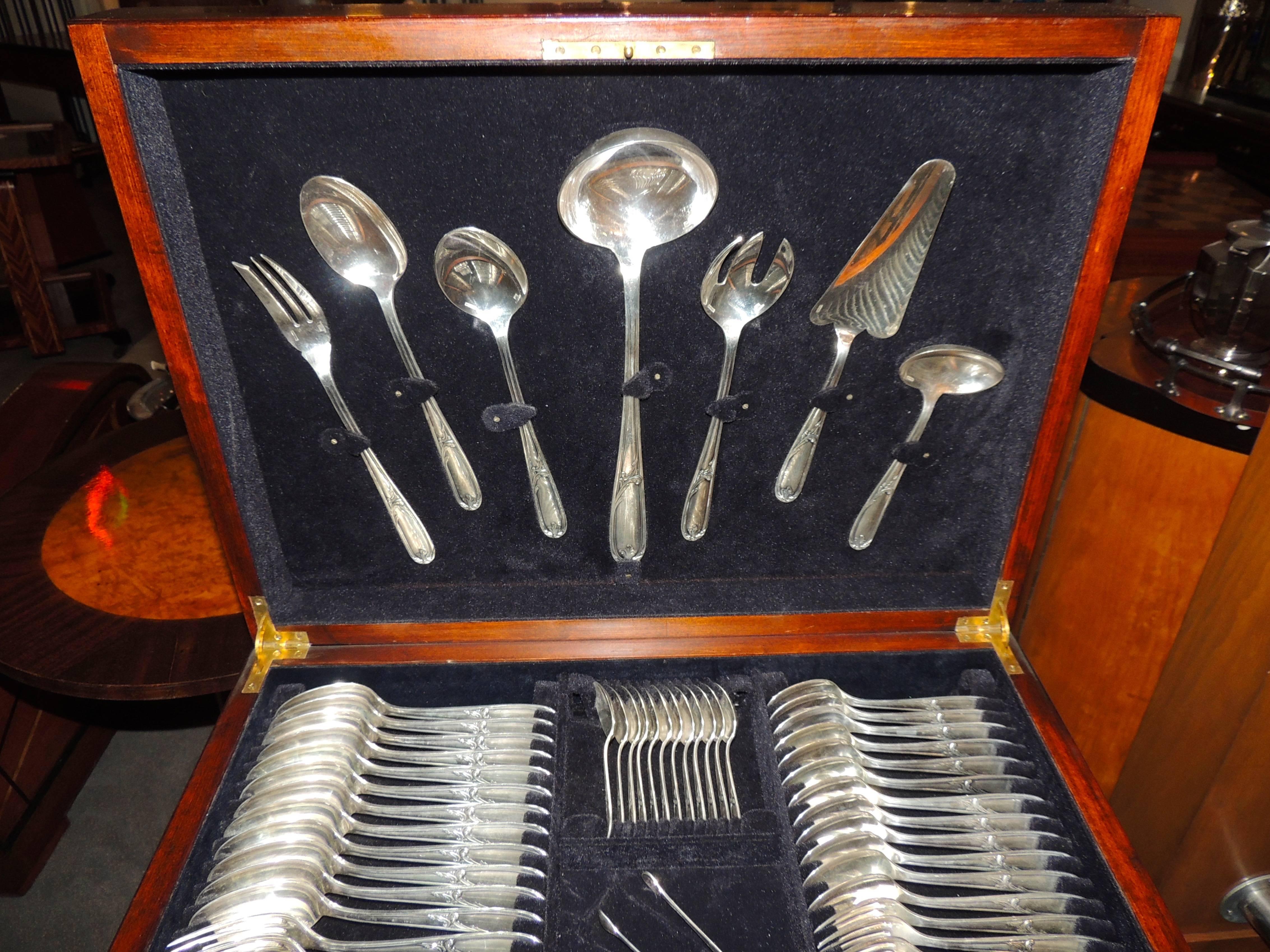 French Complete Christofle Silverware Set in Wooden Storage Table