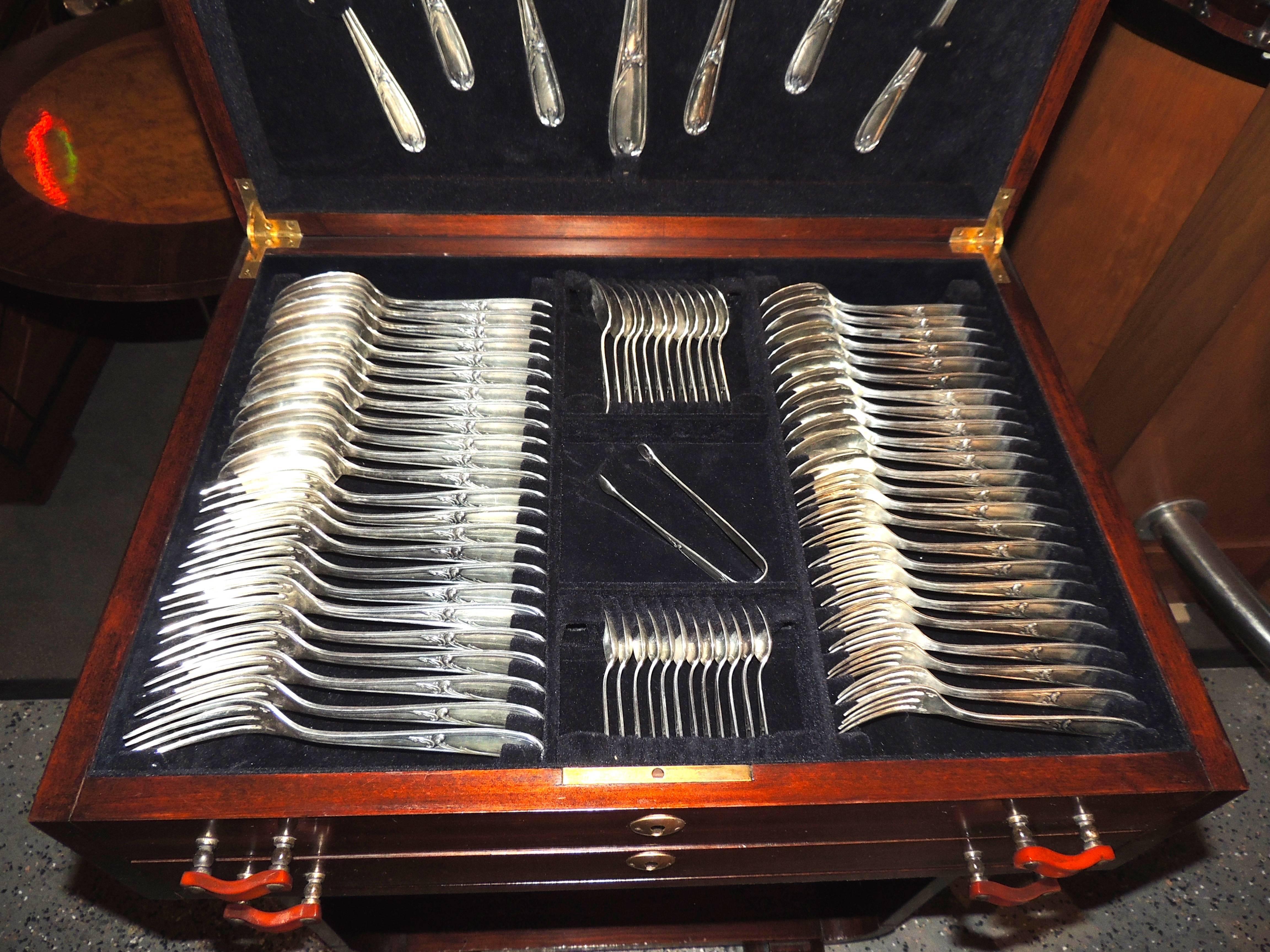 Art Deco Complete Christofle Silverware Set in Wooden Storage Table