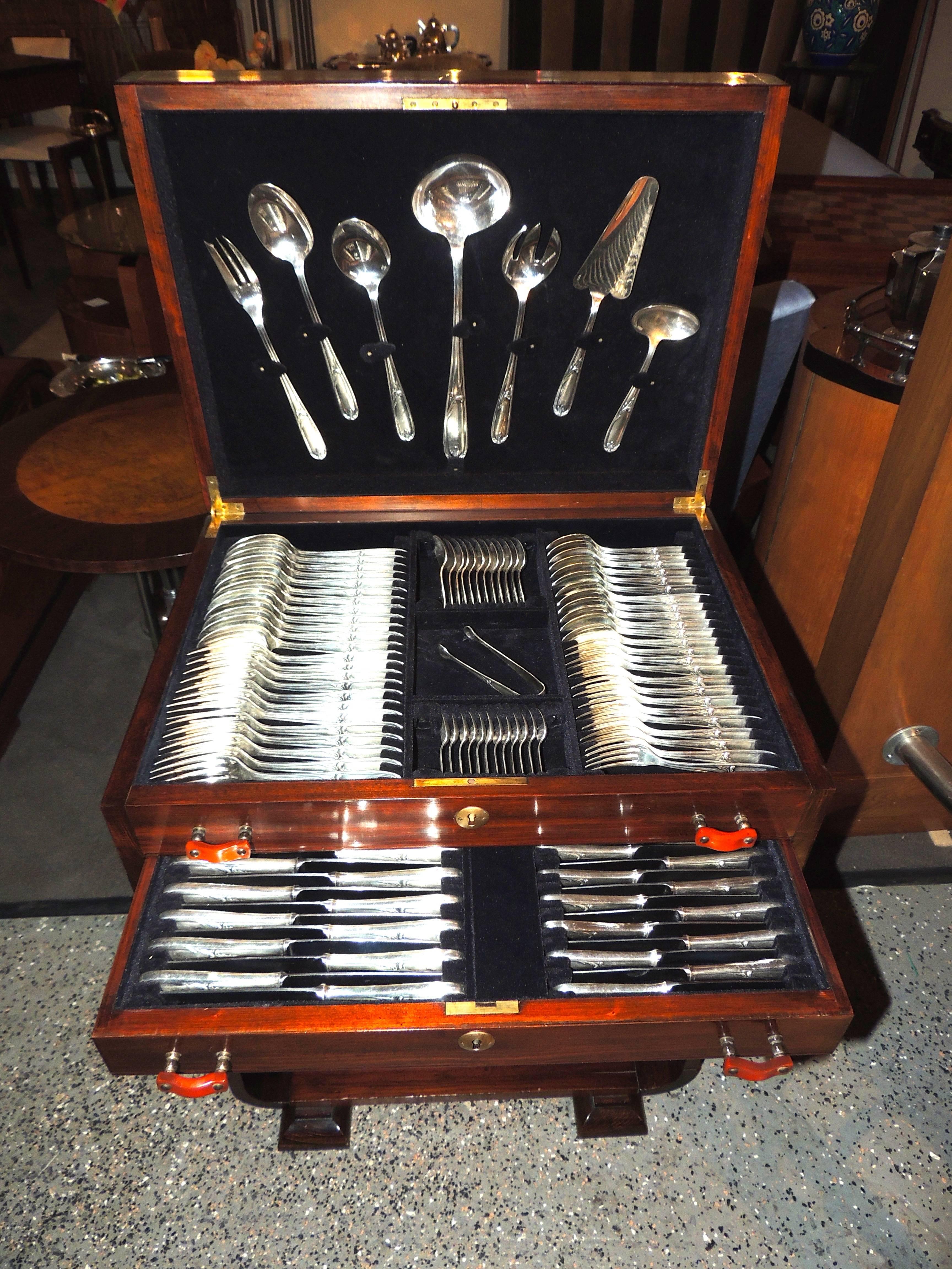 Silver Plate Complete Christofle Silverware Set in Wooden Storage Table