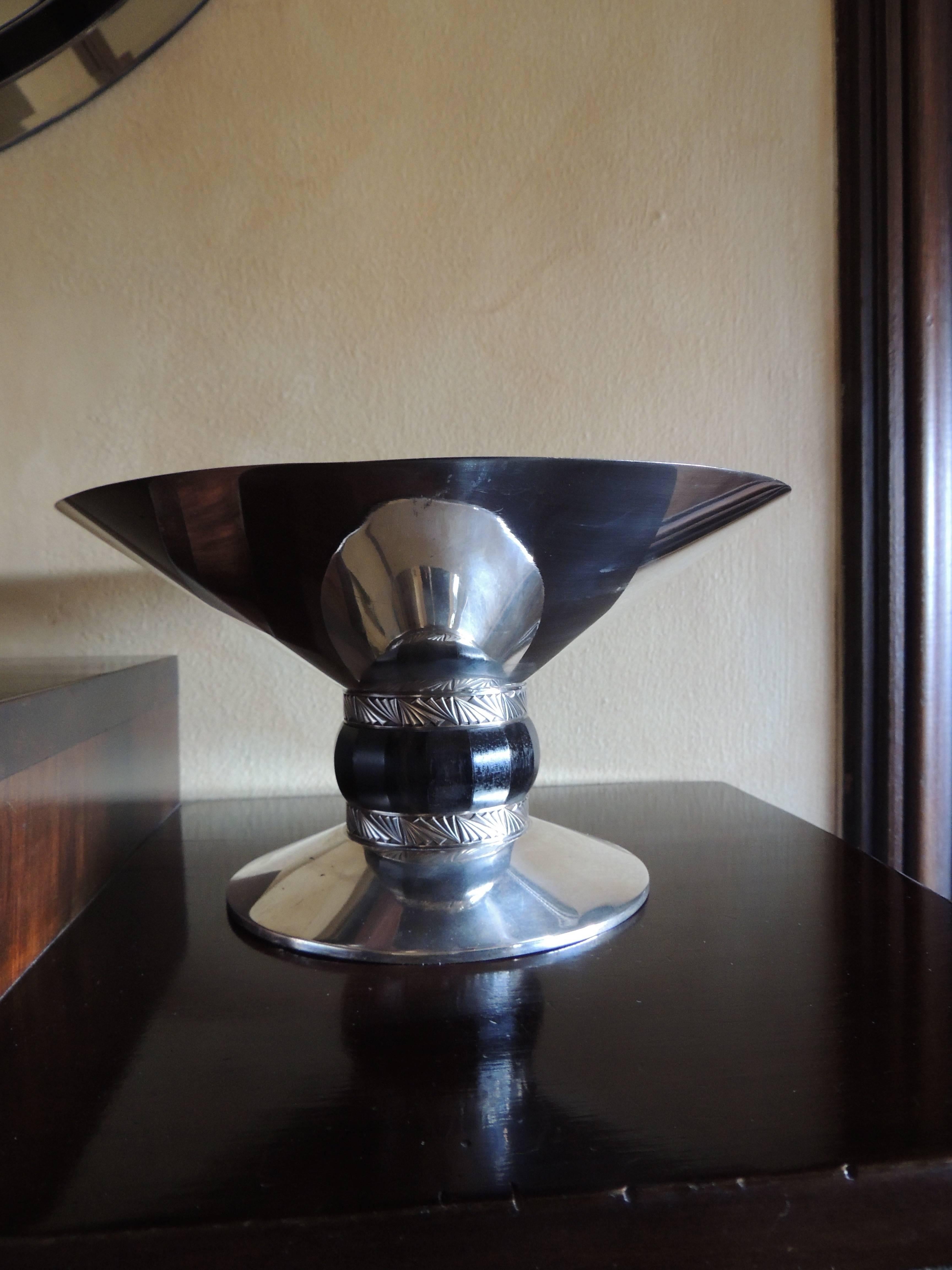 Beveled Art Deco Silver Compote with Ebony Detail