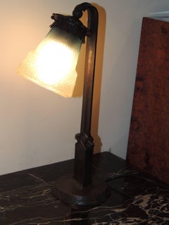 Art Deco Ironwork Lamp with Blue Glass Shade