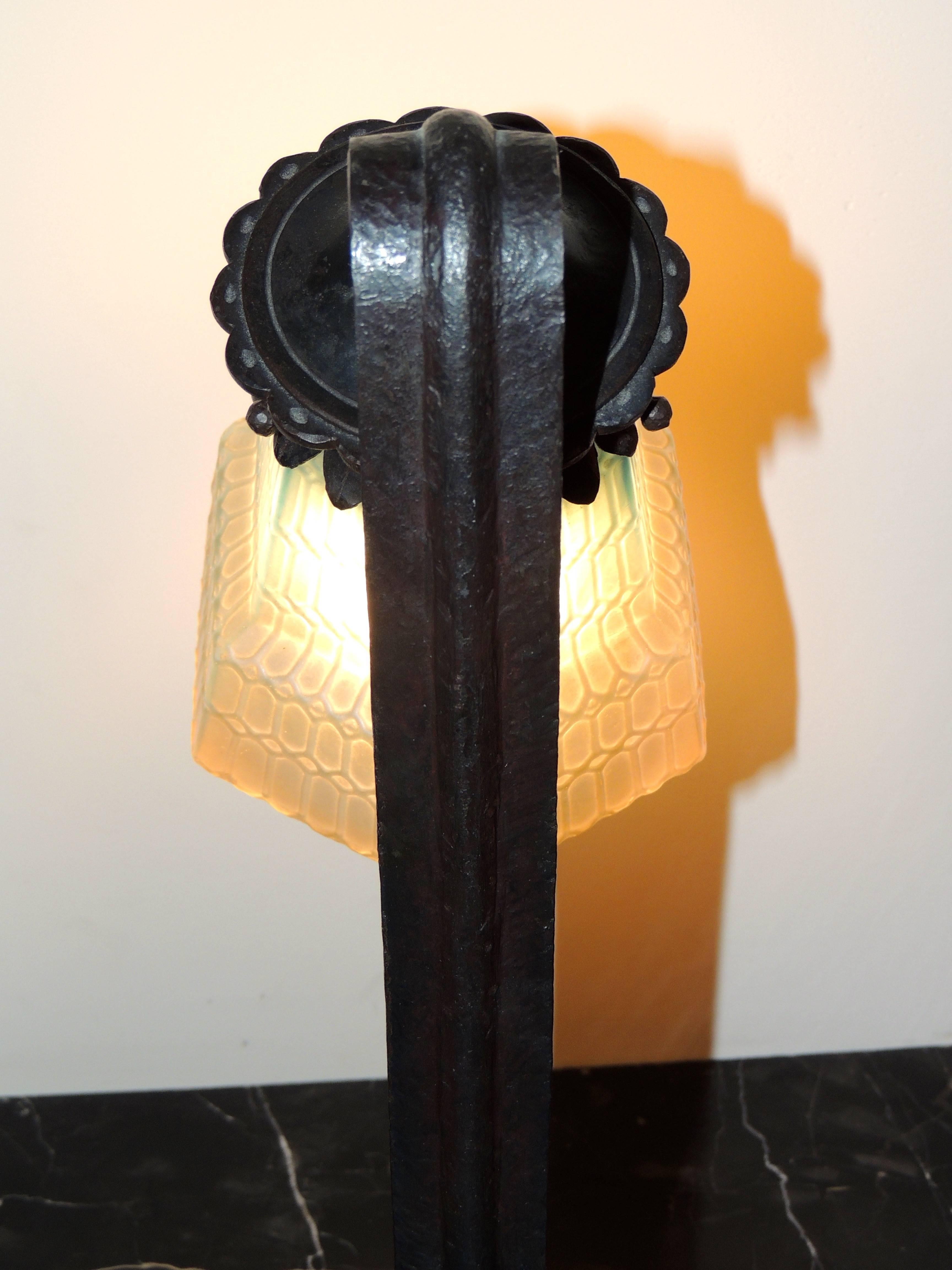 French Art Deco Ironwork Lamp with Blue Glass Shade