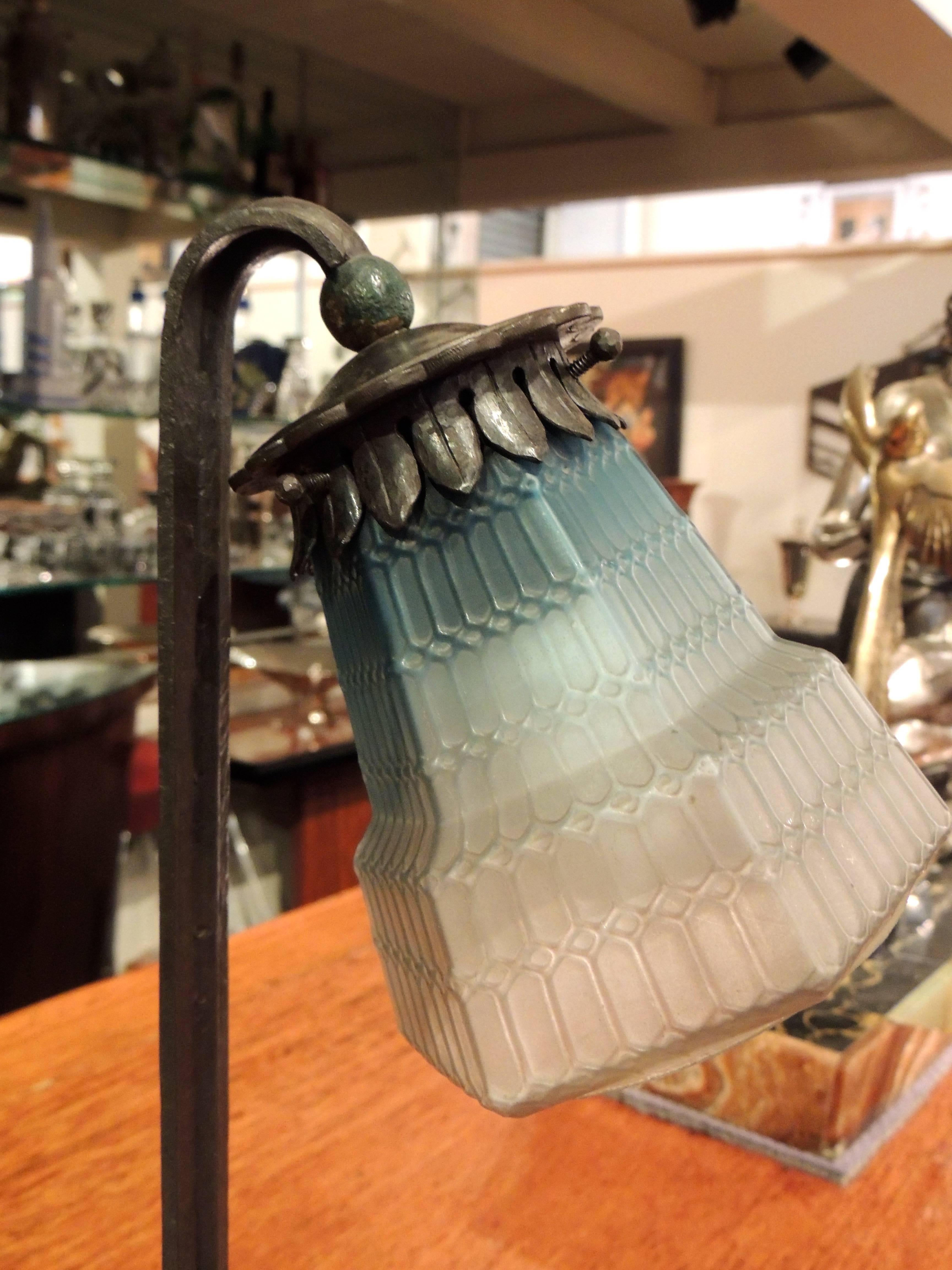 Forged Art Deco Ironwork Lamp with Blue Glass Shade