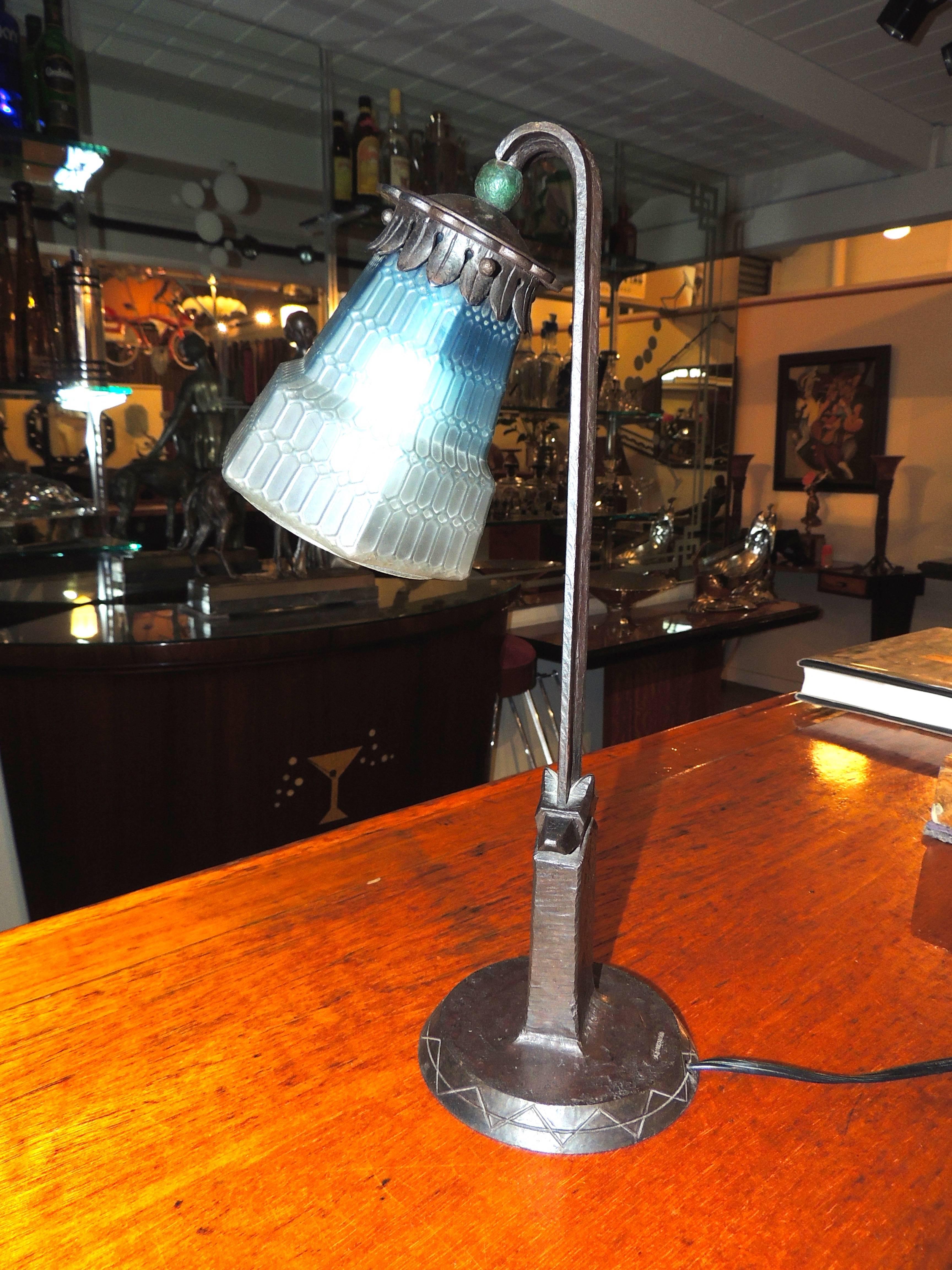 Art Deco Ironwork Lamp with Blue Glass Shade In Excellent Condition In Oakland, CA