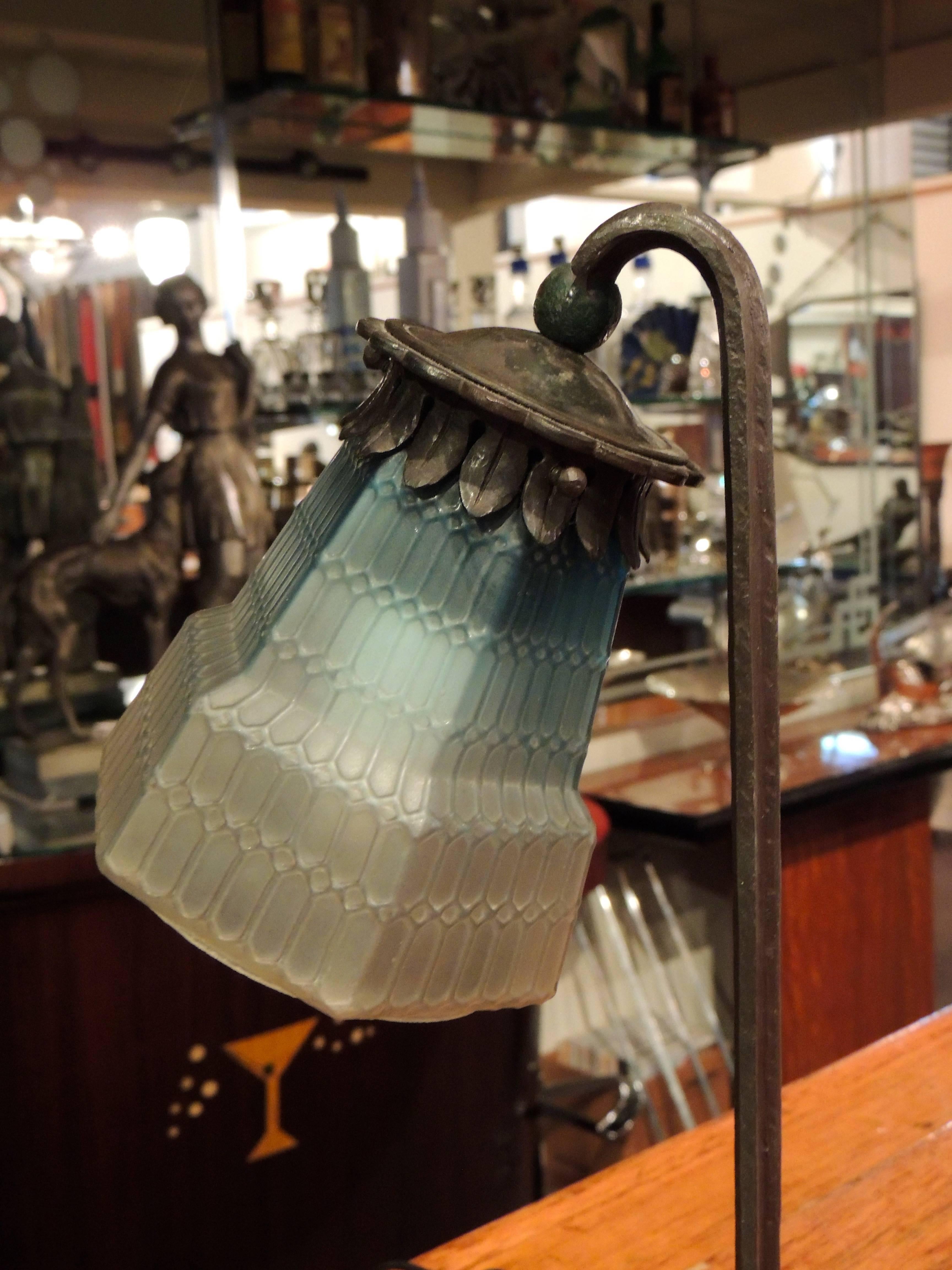 Art Deco Ironwork Lamp with Blue Glass Shade 1