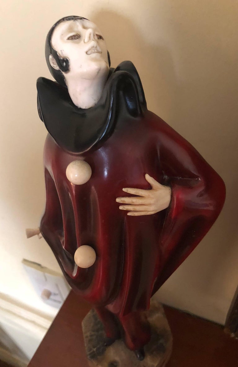 Roland Paris Bronze and Ivory Pagliacci Clown Statue Sculpture For