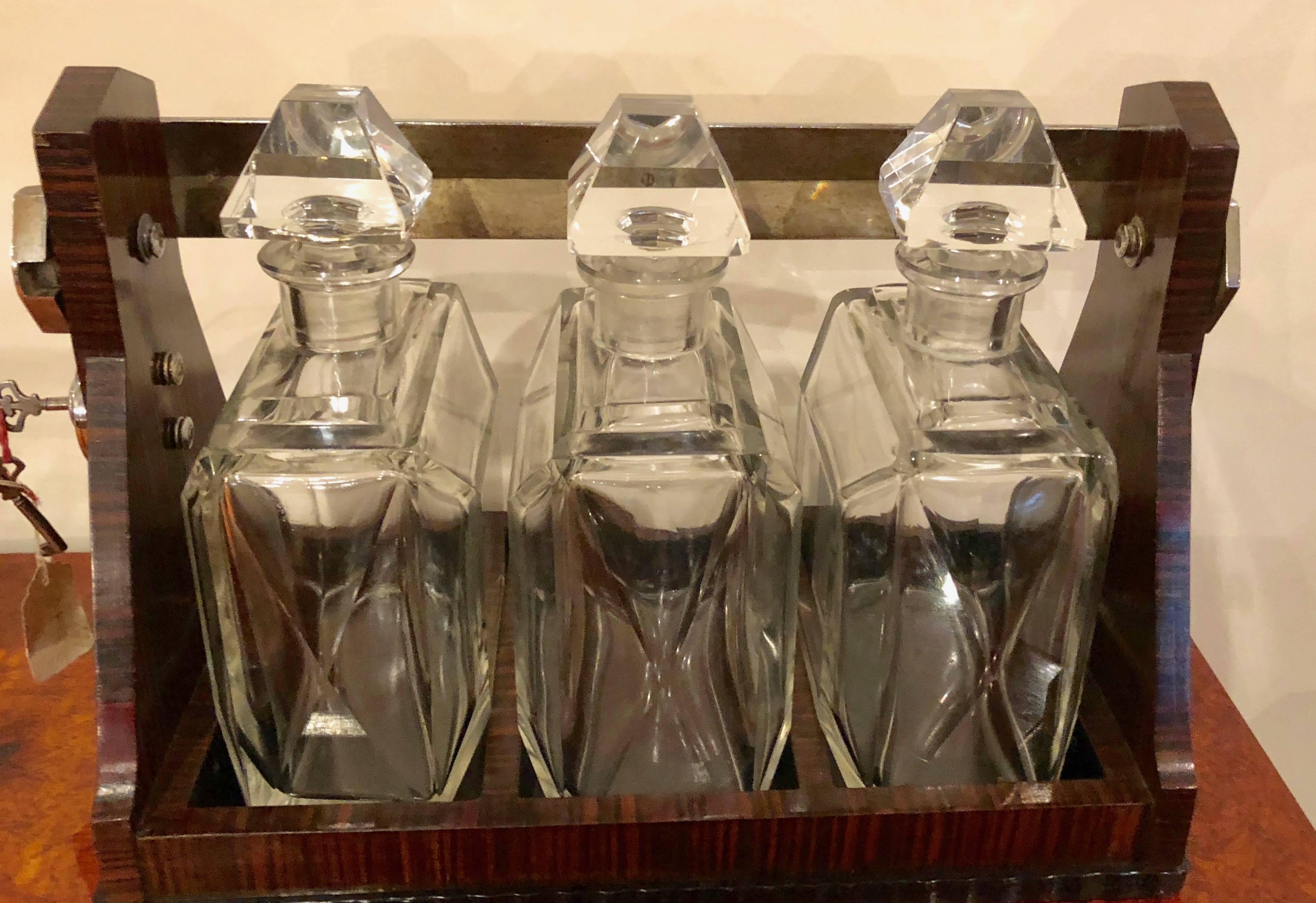 English Art Deco Modernist Macassar Three Bottle Tantalus, Betjemanns of London 1