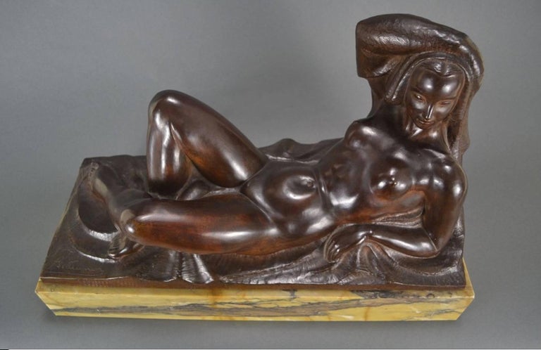 Mid-20th Century Art Deco Masterpiece Bronze Reclining Sculpture Important Artist Jan Anteunis For Sale