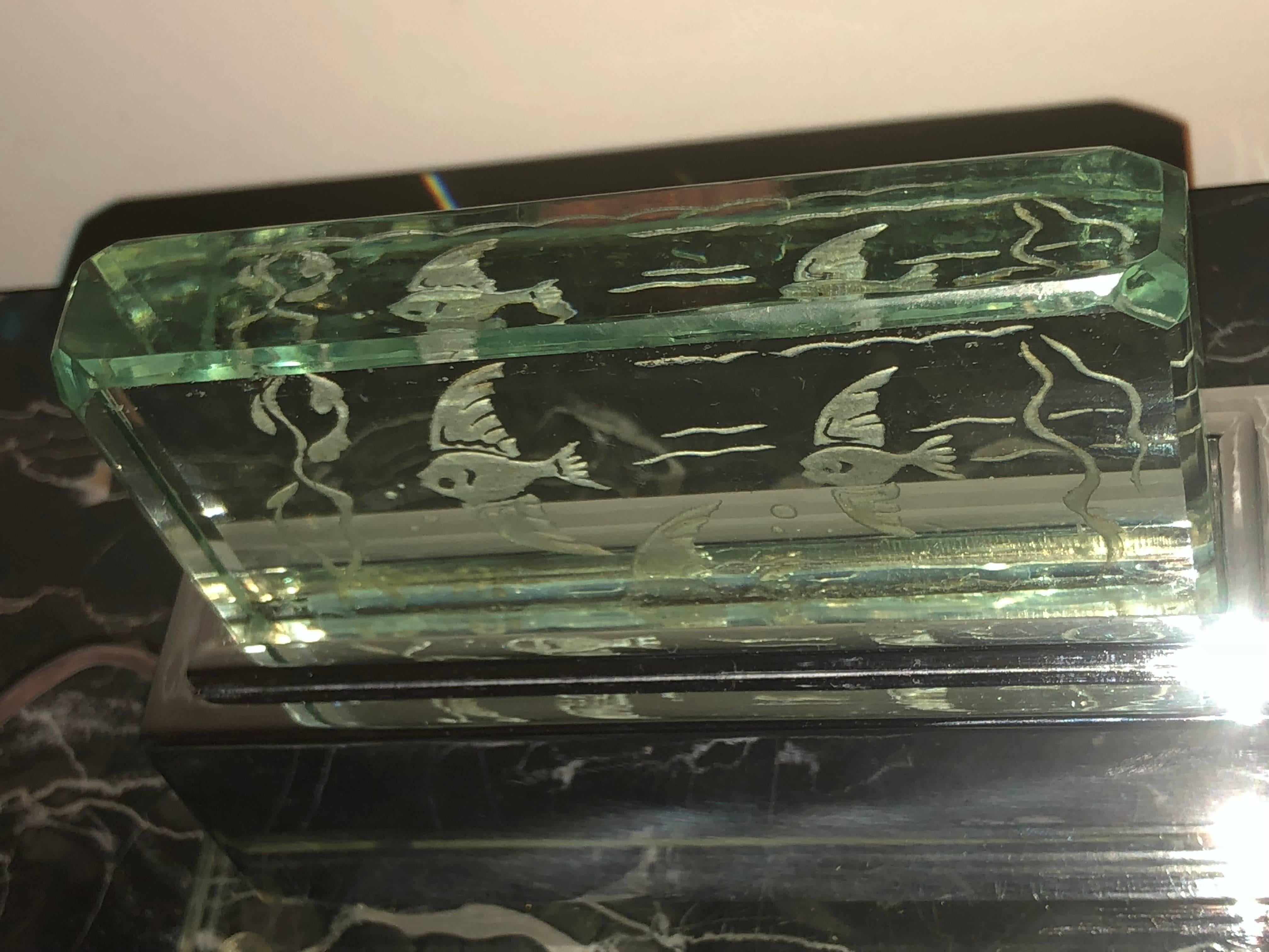 Art Deco Lumiere Desk Light with Etched Fish Scene In Excellent Condition In Oakland, CA