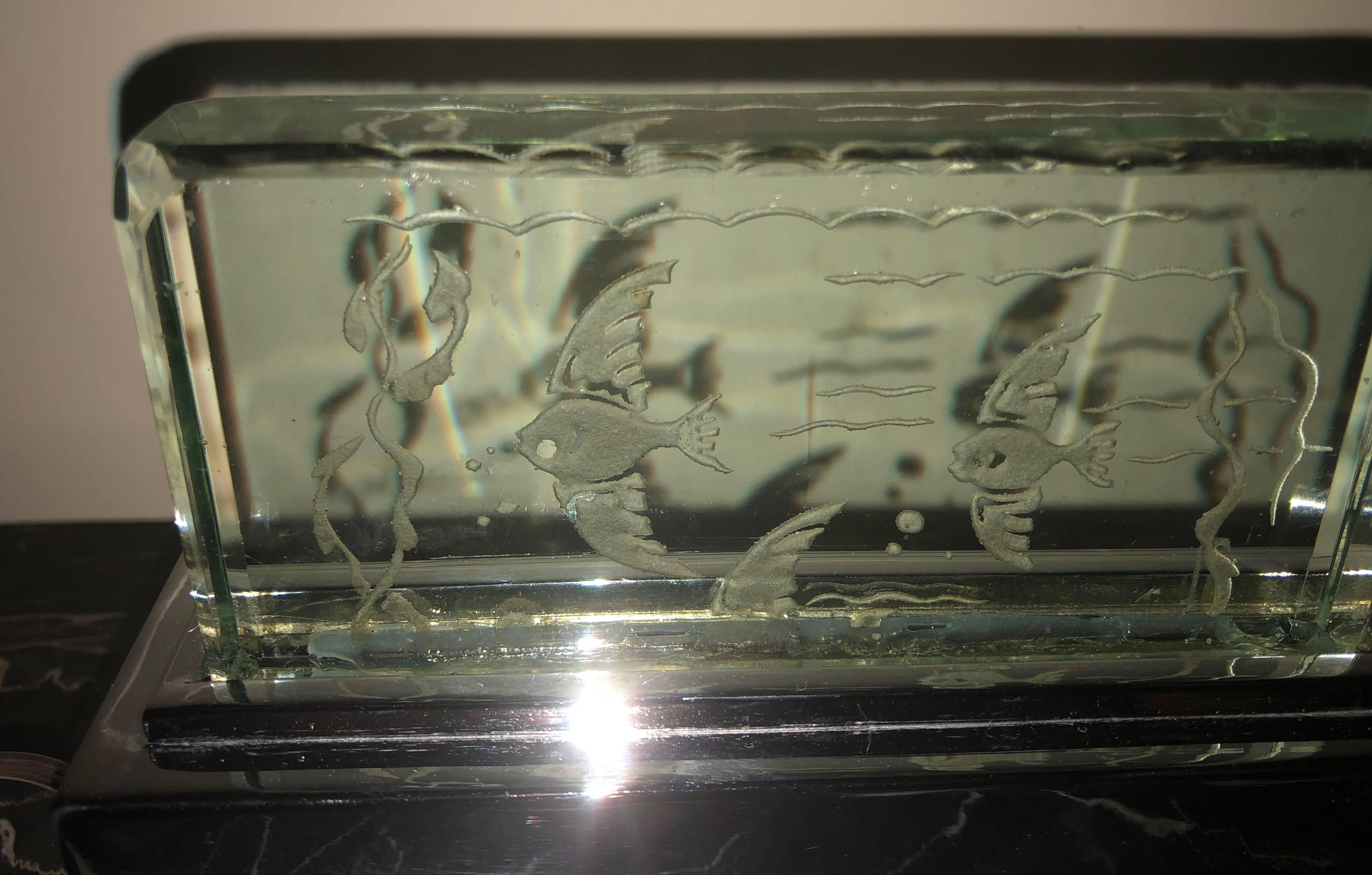 Metal Art Deco Lumiere Desk Light with Etched Fish Scene