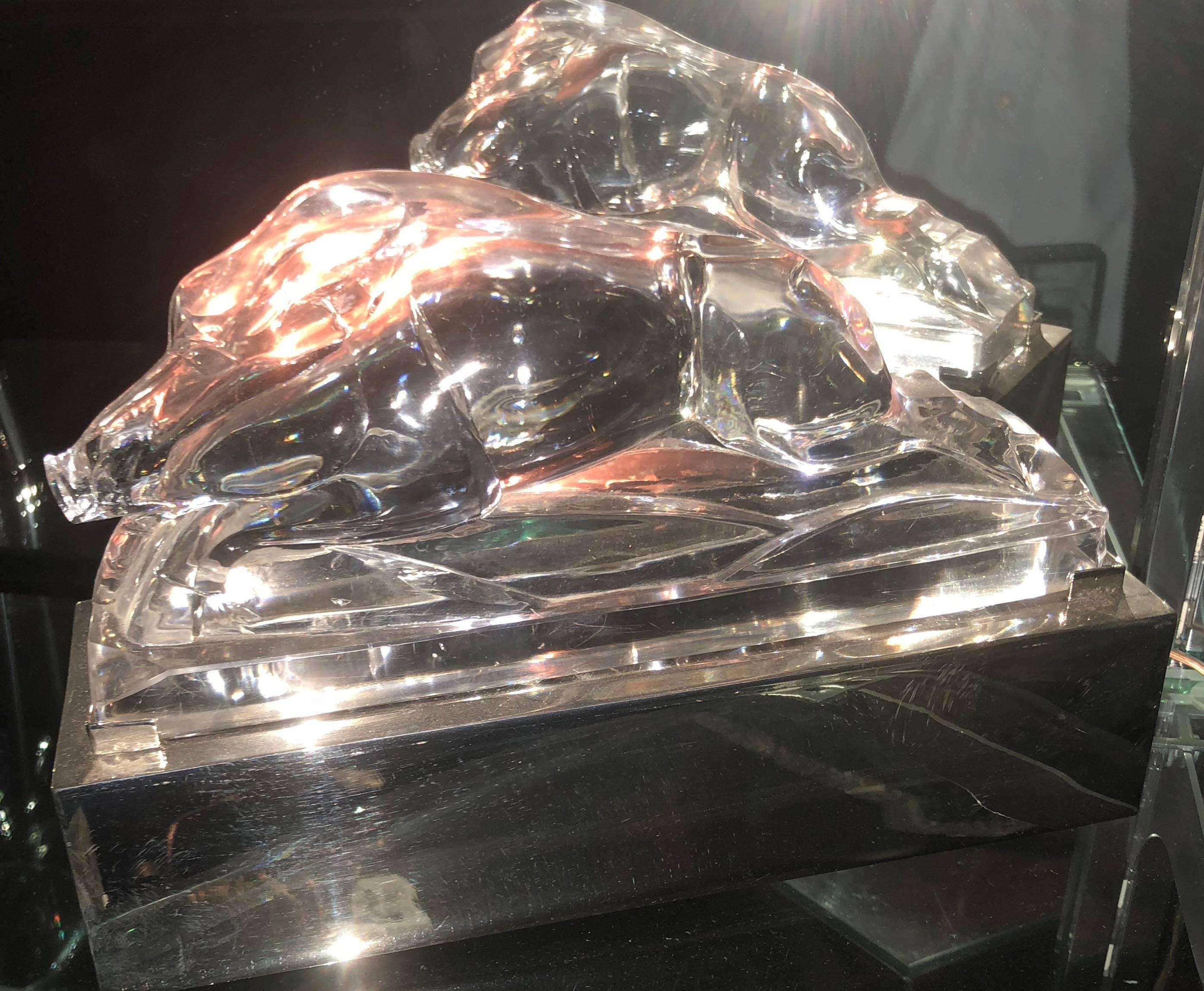 Baccarat style glass sculpture depicting a boar, hog or swine in the Art Deco style. Subtle yet fine details of lines depicting one animal mounted on a restored chrome fitted base. Animal sculptures are important decorative directions seen over and