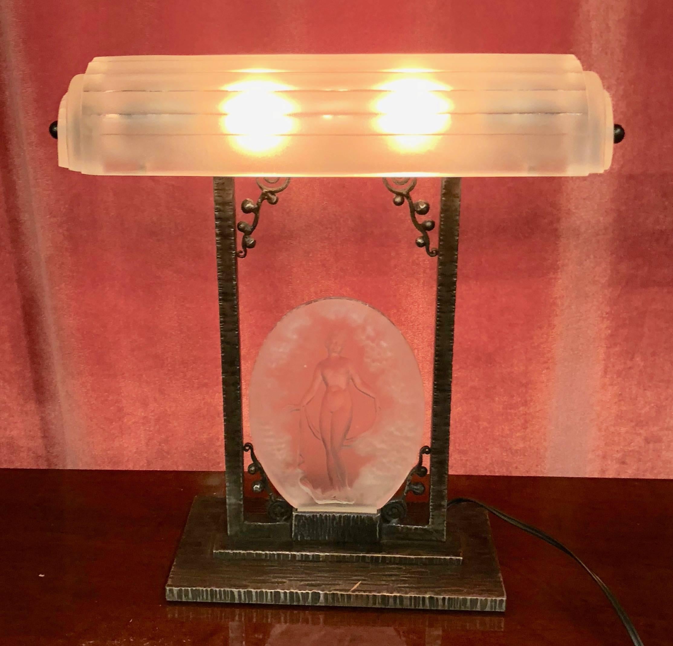 Mid-20th Century Rare Pierre D´Avesn French Art Deco Acid Etched Table Lamp For Sale