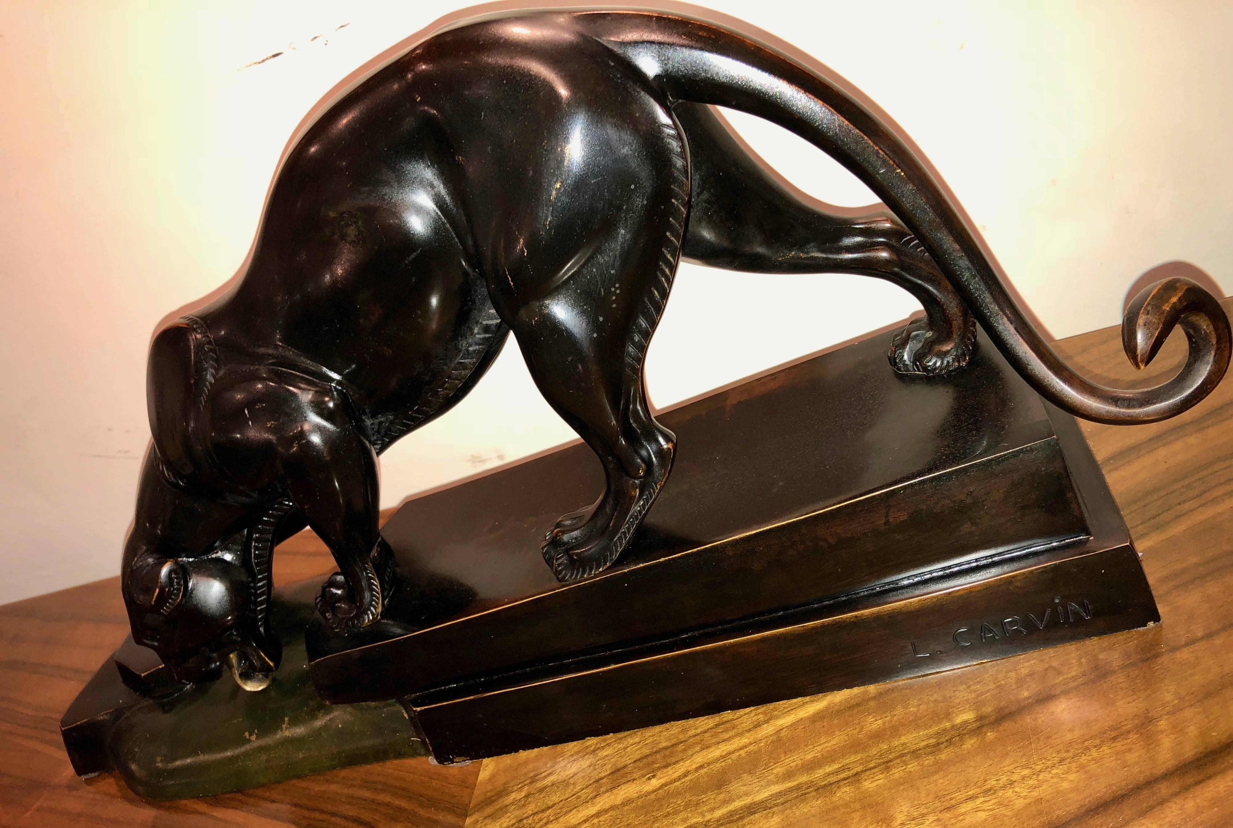 L. Carver Panther Art Deco Sculpture Bronze Black Patina In Excellent Condition In Oakland, CA