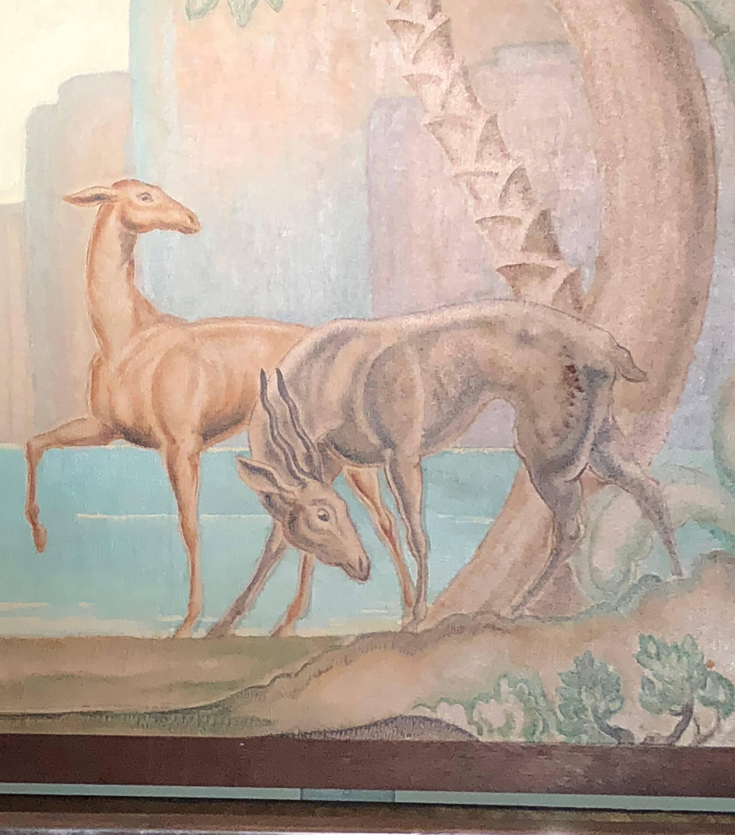 In the style of Jean Dupas, this original stunning Art Deco painting – mural was purchased in Bordeaux, France the town where Dupas lived and worked. We feel certain that this was painted by a colleague, student or Dupas himself. Jean Dupas is one