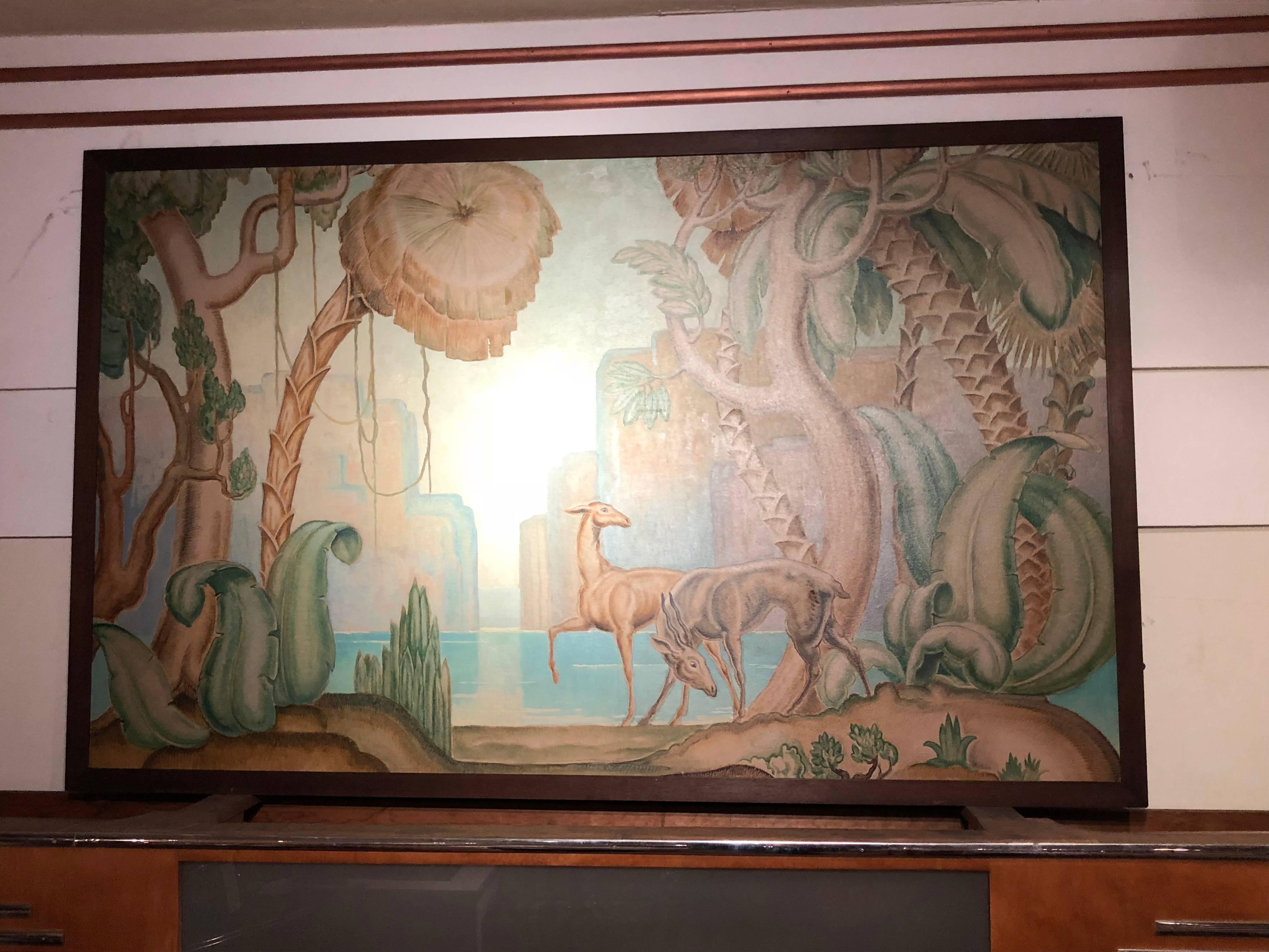 Mid-20th Century Art Deco Original Painting Mural in the Style of Jean Dupas
