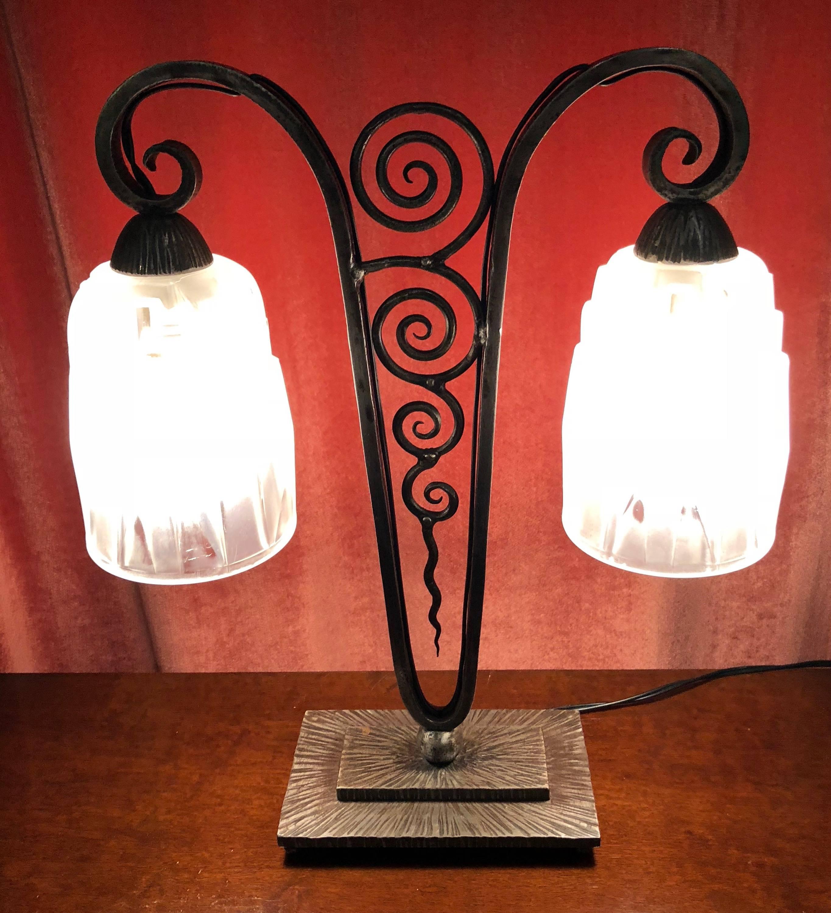 Mid-20th Century Muller Signed Modernist Iron Double Hung Art Deco Table Lamp