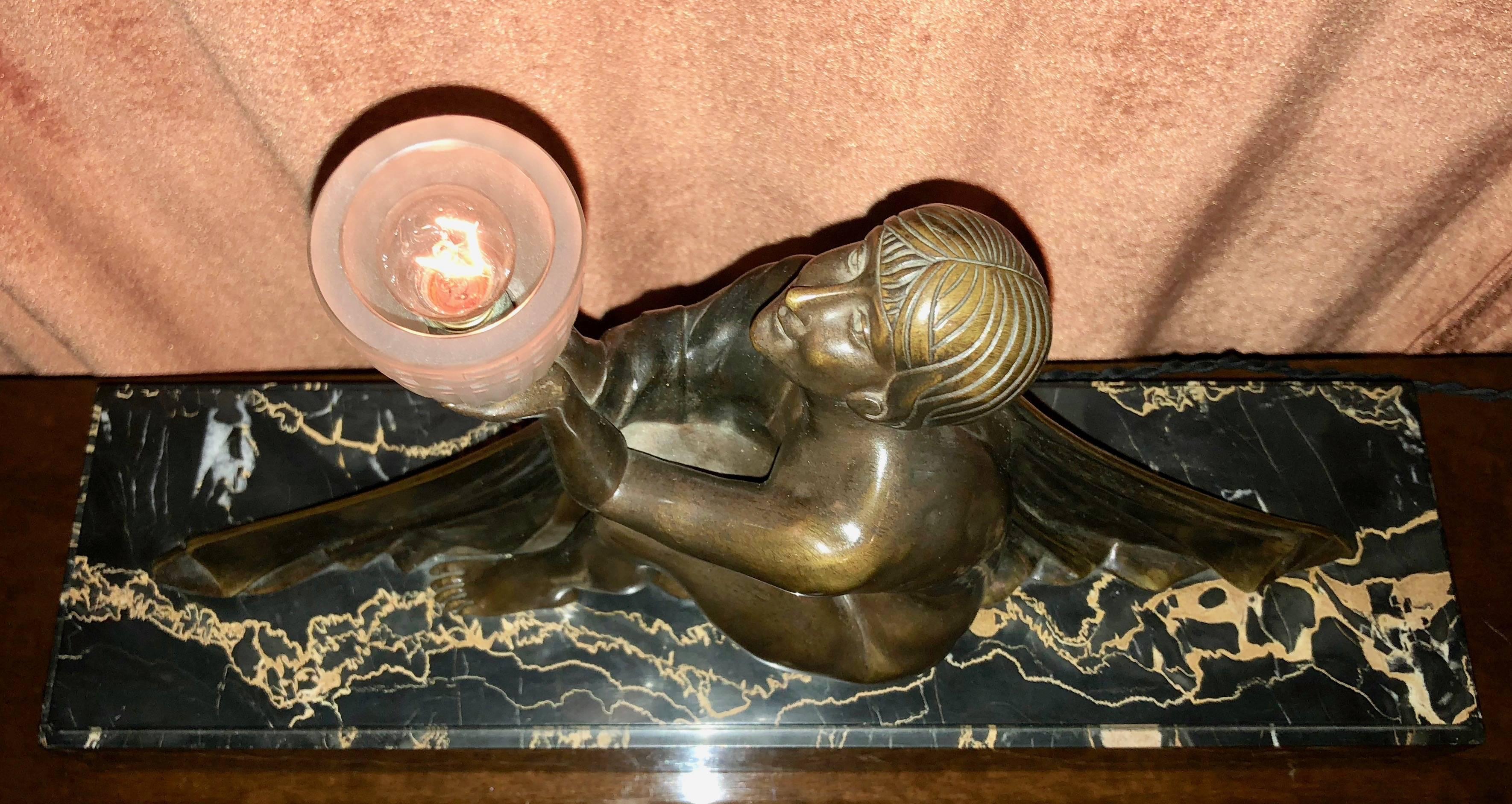 French Art Deco Bronze and Marble Lamp by J. Lormier Statue Sculpture In Excellent Condition In Oakland, CA