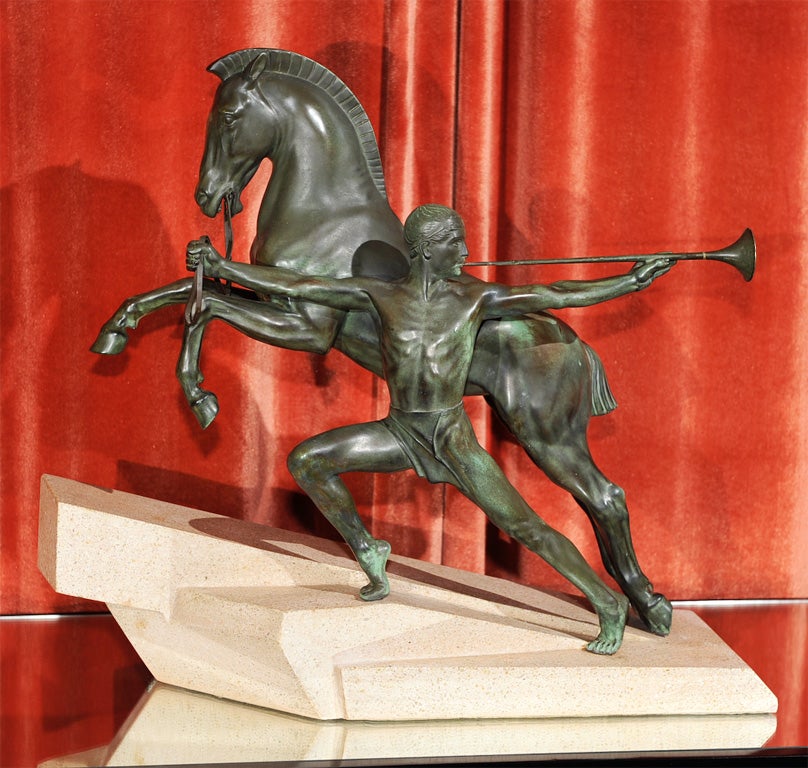 French Art Deco Equestrian Rider with Horse on Stepped Base by Charles