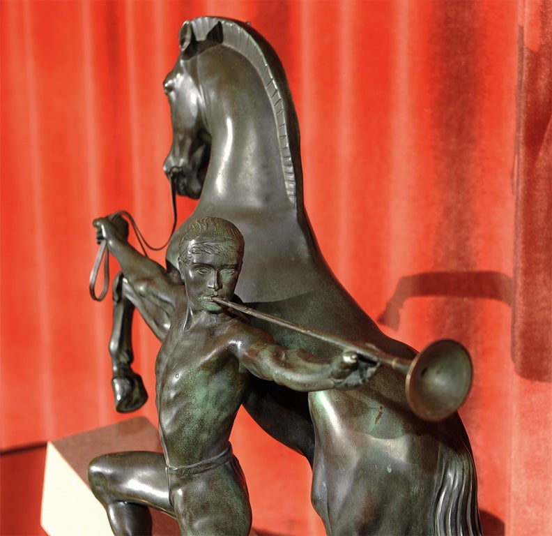 Art Deco Equestrian Rider with Horse on Stepped Base by Charles In Good Condition In Oakland, CA