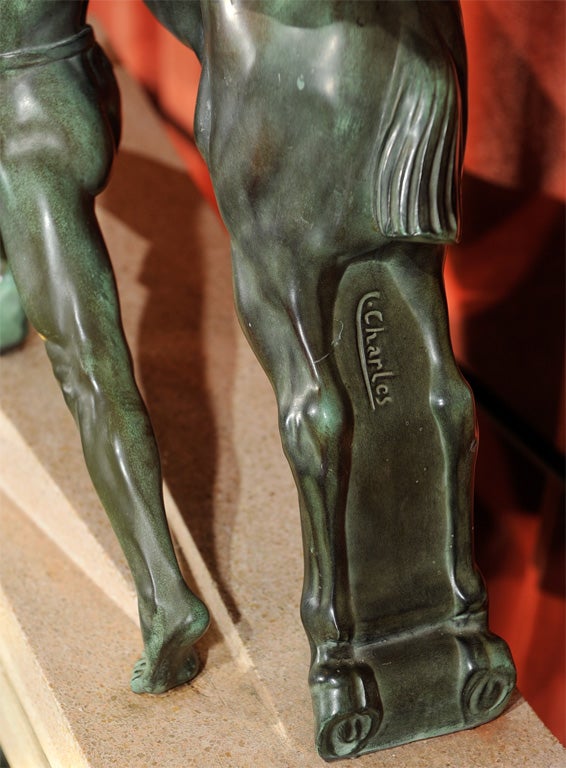 Mid-20th Century Art Deco Equestrian Rider with Horse on Stepped Base by Charles