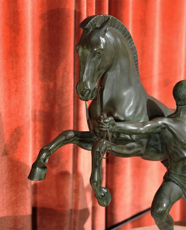Metal Art Deco Equestrian Rider with Horse on Stepped Base by Charles