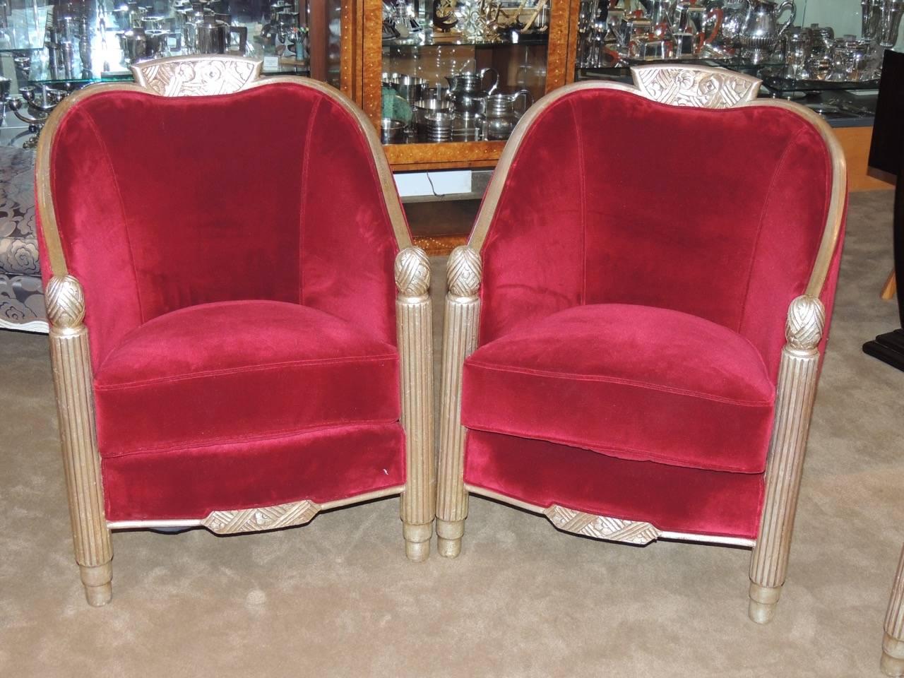 We present an elegant, spectacular and complete seating suite by one of the most important designers of the Art Deco period- Paul Follot. Included are a charming settee with gilded wood and decorative carved panels, two matching chairs in the