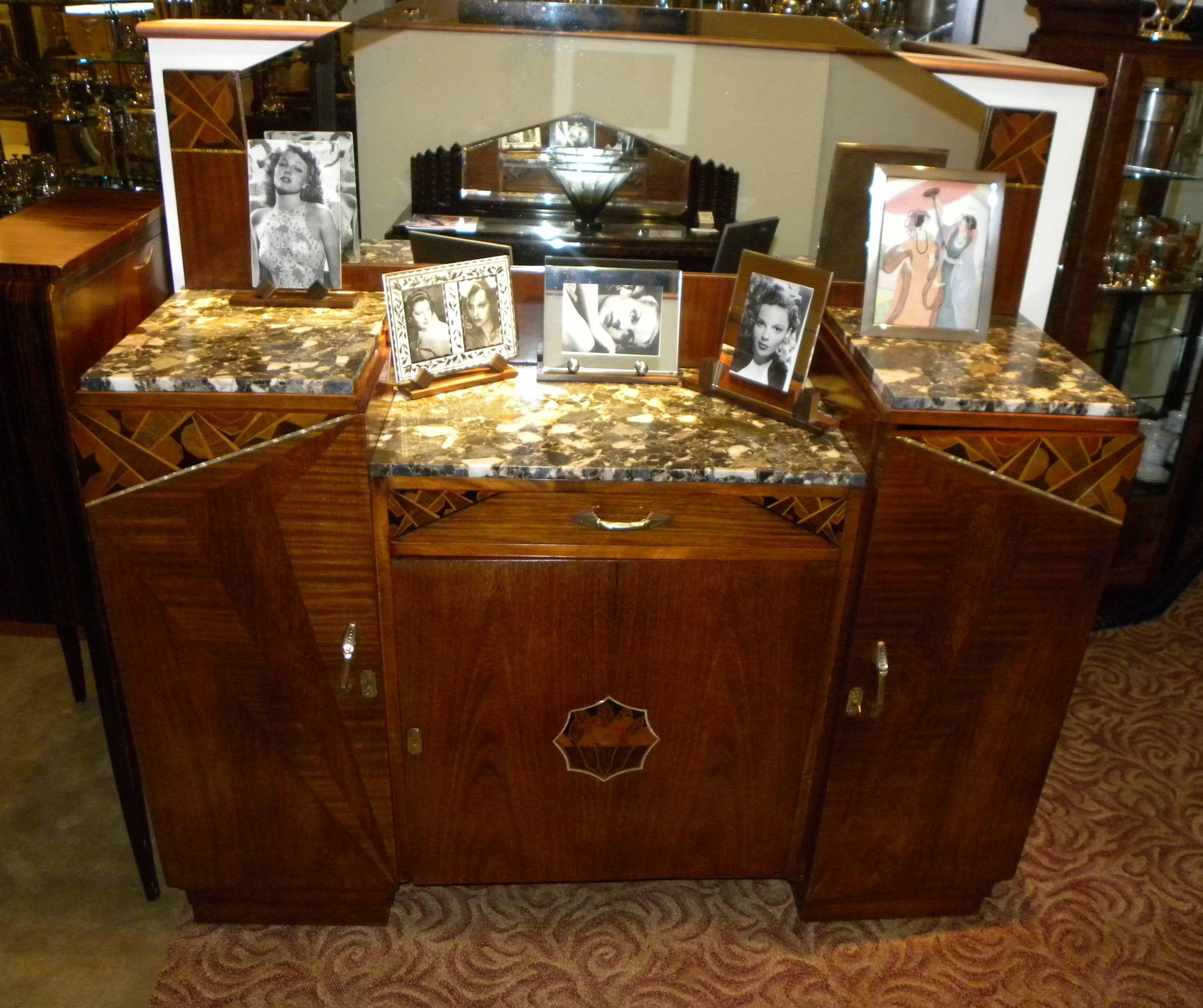 A truly spectacular Art Deco French buffet with so many special details! Let’s begin with the wood and the complex use of veneers and grains to create a dynamic pattern. Be sure to look at the enlarged views so you can see just how creative the